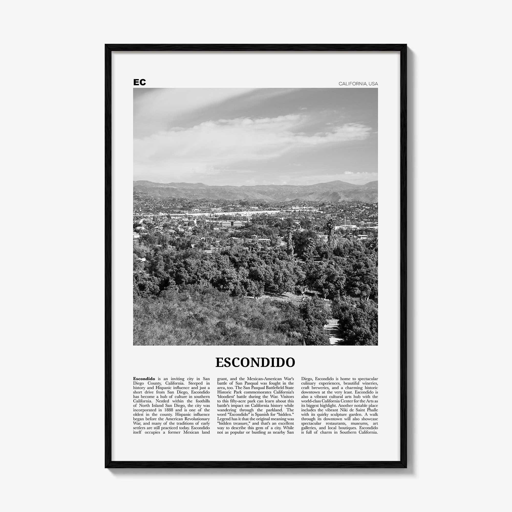 Escondido Print Black and White, Escondido Wall Art, Escondido Poster, Escondido Photo, Escondido Wall Décor, Escondido Map, California, USA