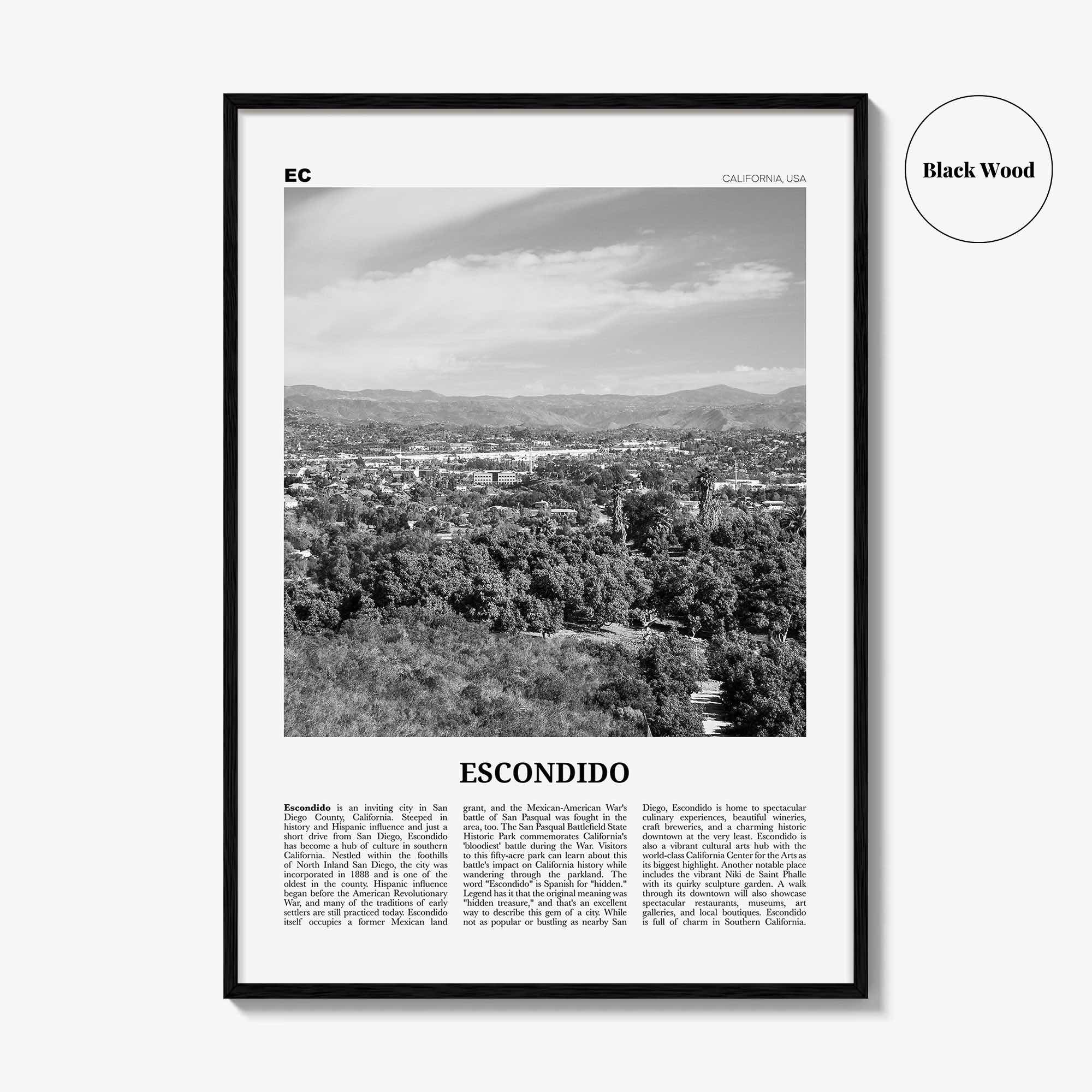 Escondido Print Black and White, Escondido Wall Art, Escondido Poster, Escondido Photo, Escondido Wall Décor, Escondido Map, California, USA