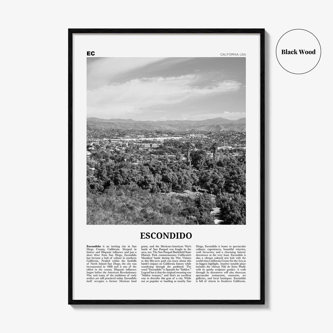 Escondido Print Black and White, Escondido Wall Art, Escondido Poster, Escondido Photo, Escondido Wall Décor, Escondido Map, California, USA