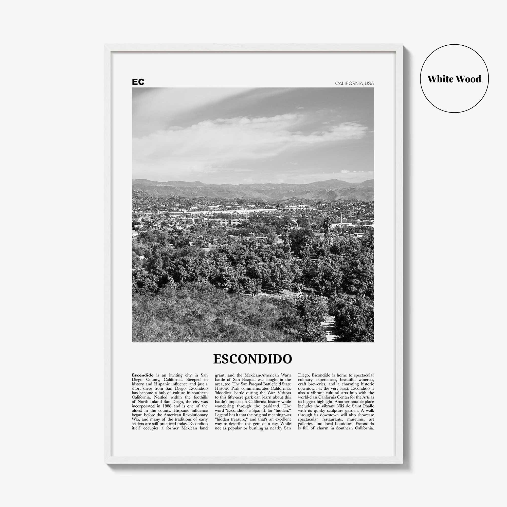 Escondido Print Black and White, Escondido Wall Art, Escondido Poster, Escondido Photo, Escondido Wall Décor, Escondido Map, California, USA