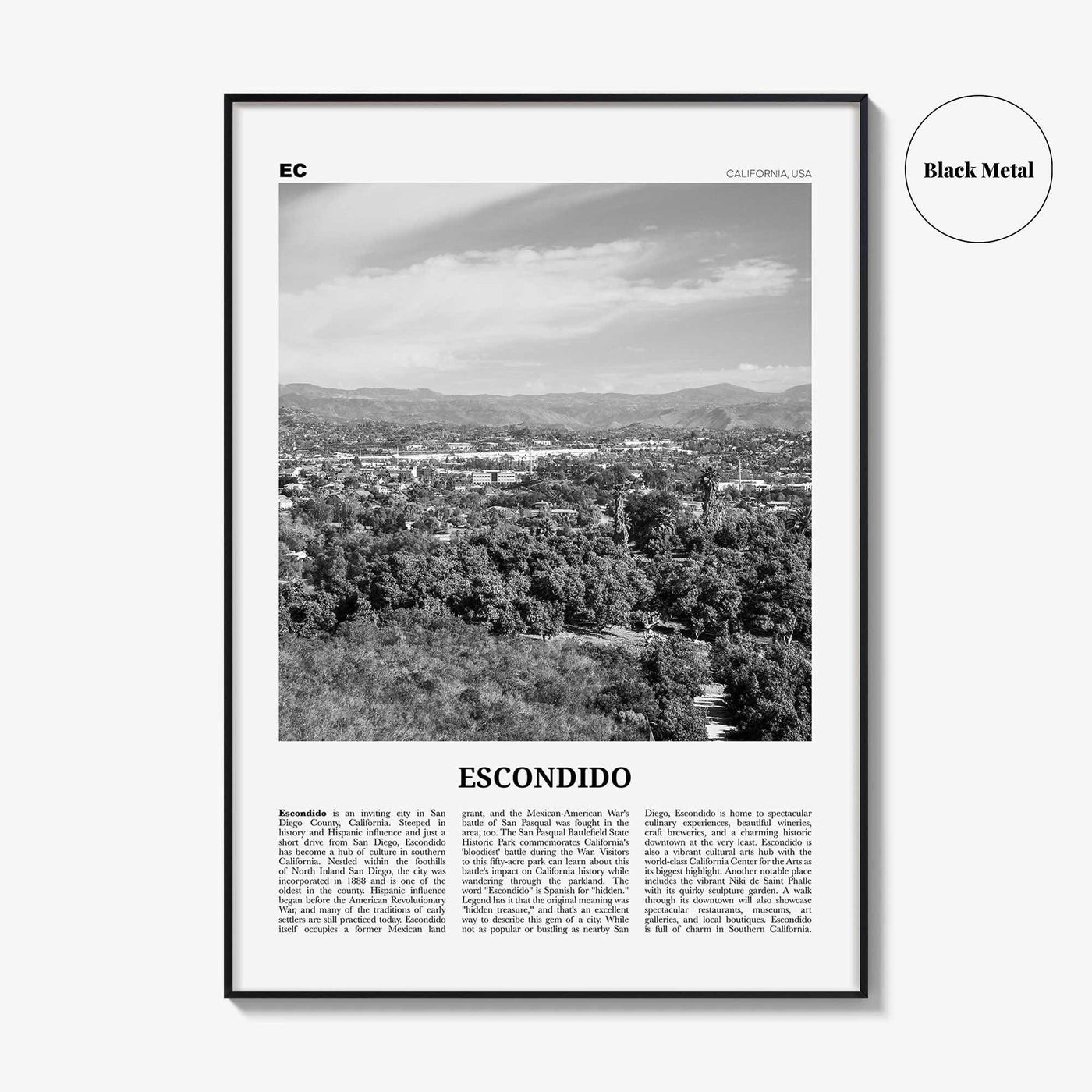 Escondido Print Black and White, Escondido Wall Art, Escondido Poster, Escondido Photo, Escondido Wall Décor, Escondido Map, California, USA