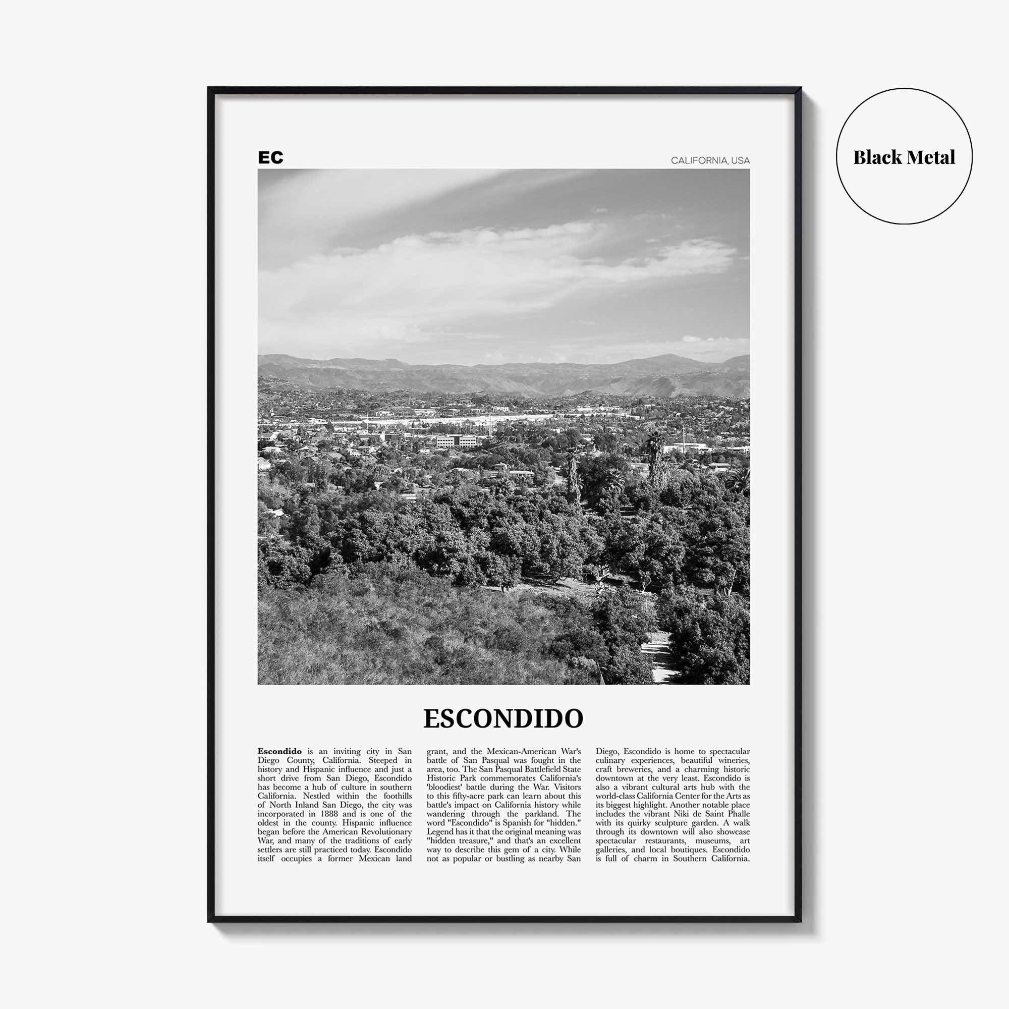 Escondido Print Black and White, Escondido Wall Art, Escondido Poster, Escondido Photo, Escondido Wall Décor, Escondido Map, California, USA
