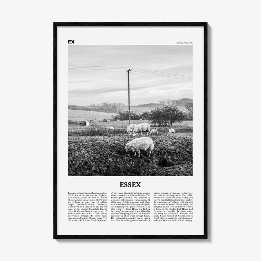 Essex Print Black and White, Essex Wall Art, Essex Poster, Essex Photo, Essex Map, England, UK, United Kingdom