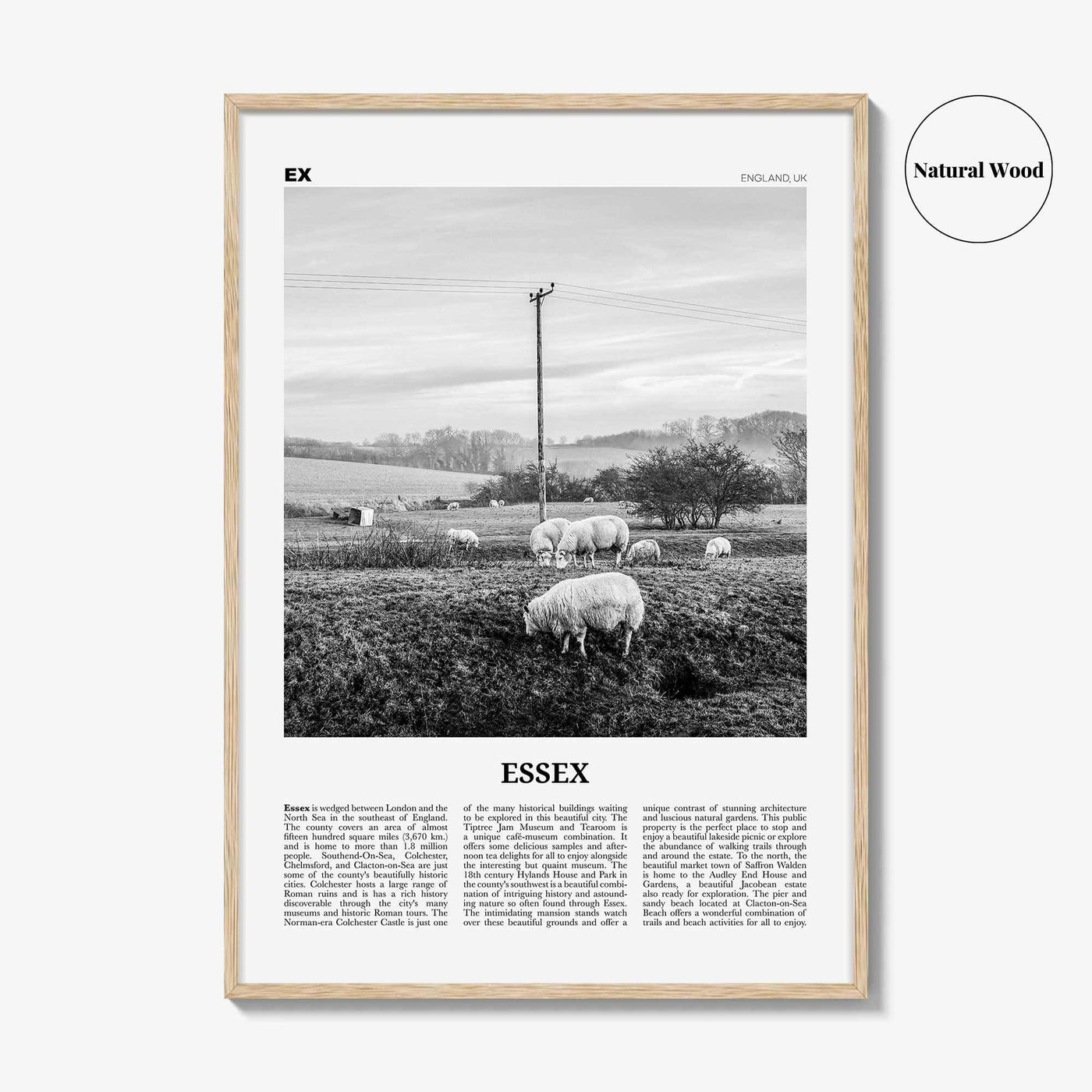 Essex Print Black and White, Essex Wall Art, Essex Poster, Essex Photo, Essex Map, England, UK, United Kingdom