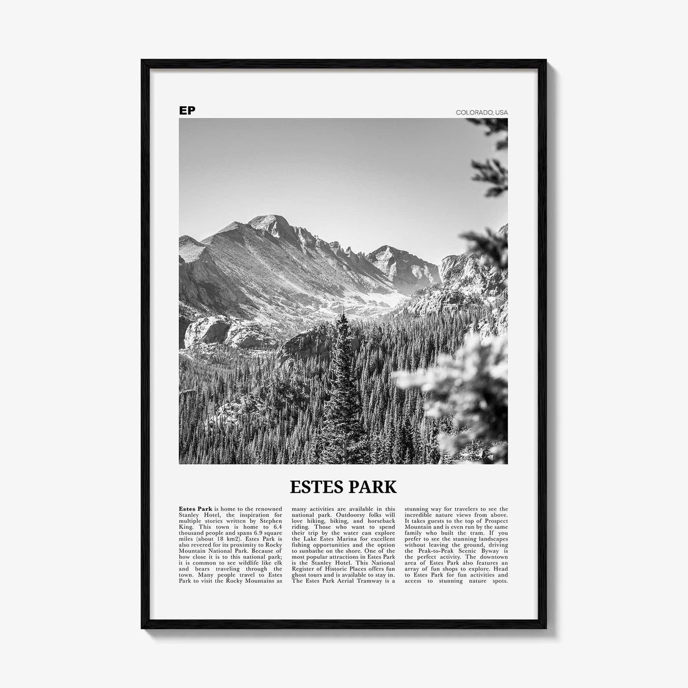 Estes Park Print Black and White, Estes Park Wall Art, Estes Park Poster, Estes Park Photo, Estes Park Décor, Estes Park Map, Colorado, USA