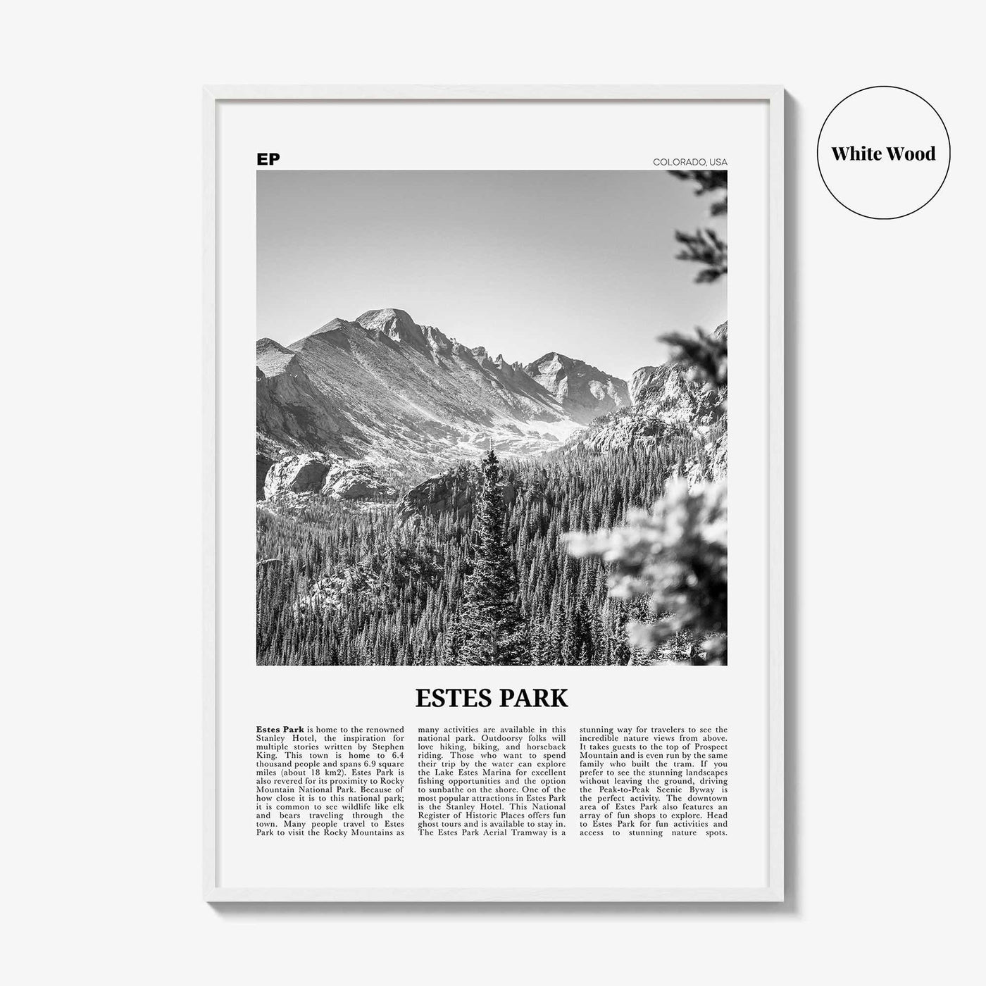 Estes Park Print Black and White, Estes Park Wall Art, Estes Park Poster, Estes Park Photo, Estes Park Décor, Estes Park Map, Colorado, USA