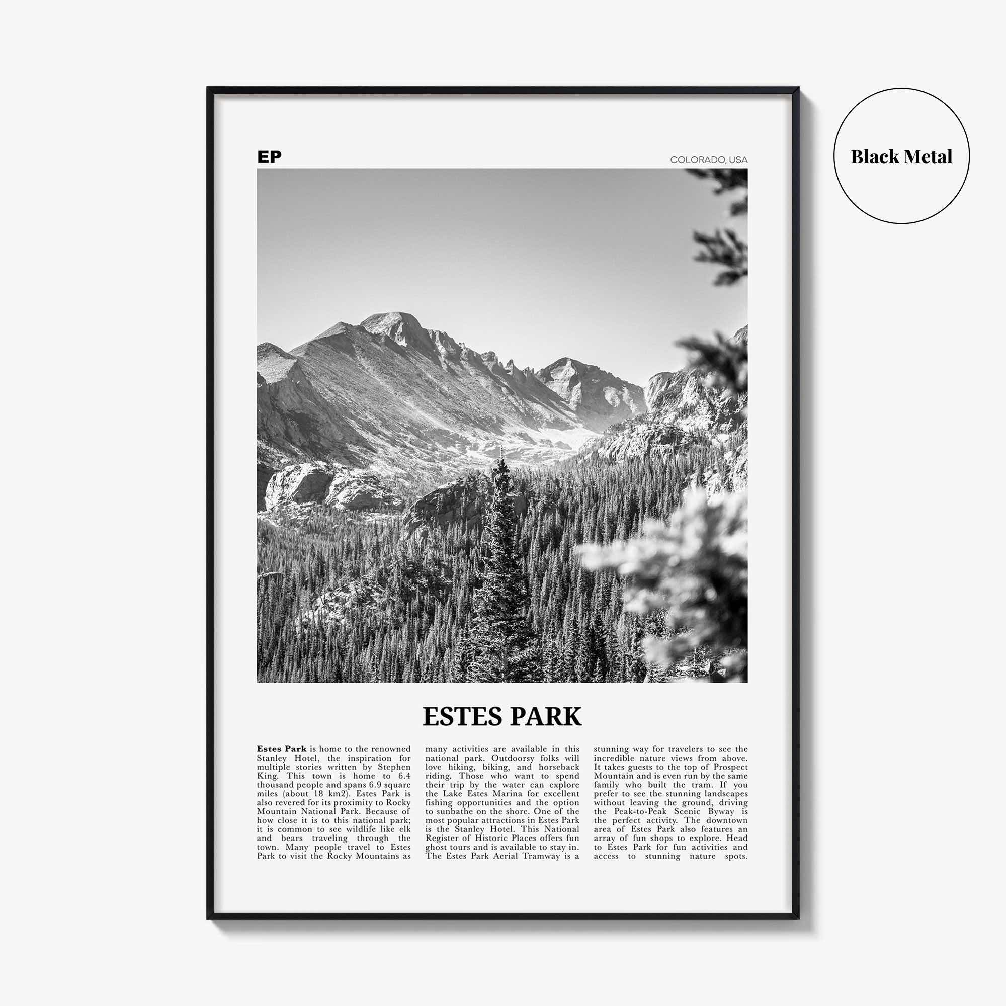 Estes Park Print Black and White, Estes Park Wall Art, Estes Park Poster, Estes Park Photo, Estes Park Décor, Estes Park Map, Colorado, USA