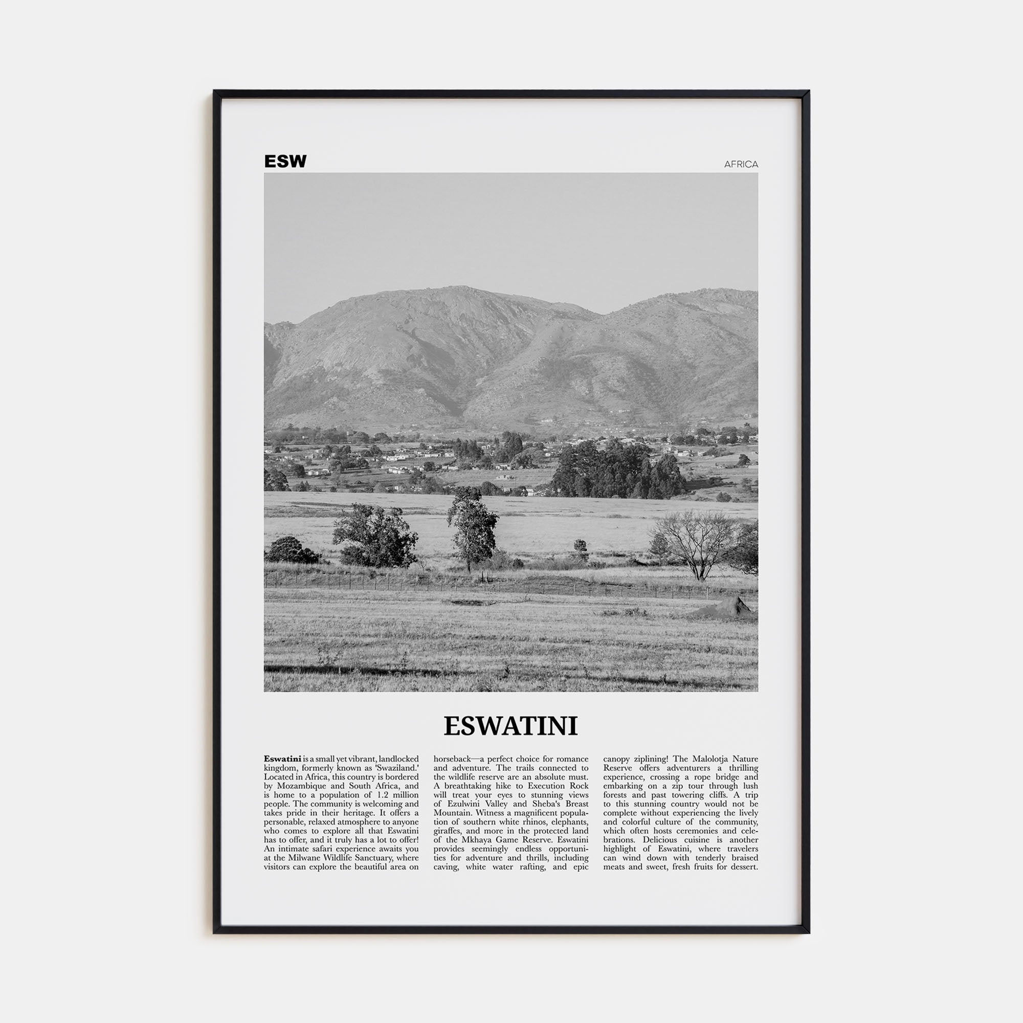 Eswatini Travel B&W Poster