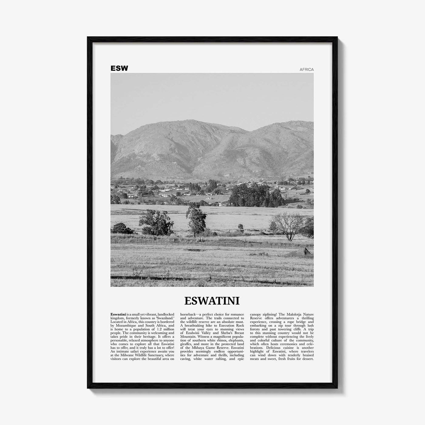 Eswatini Print Black and White, Eswatini Wall Art, Eswatini Poster, Eswatini Photo, Eswatini Wall Decor, Country Art Print, Africa Print