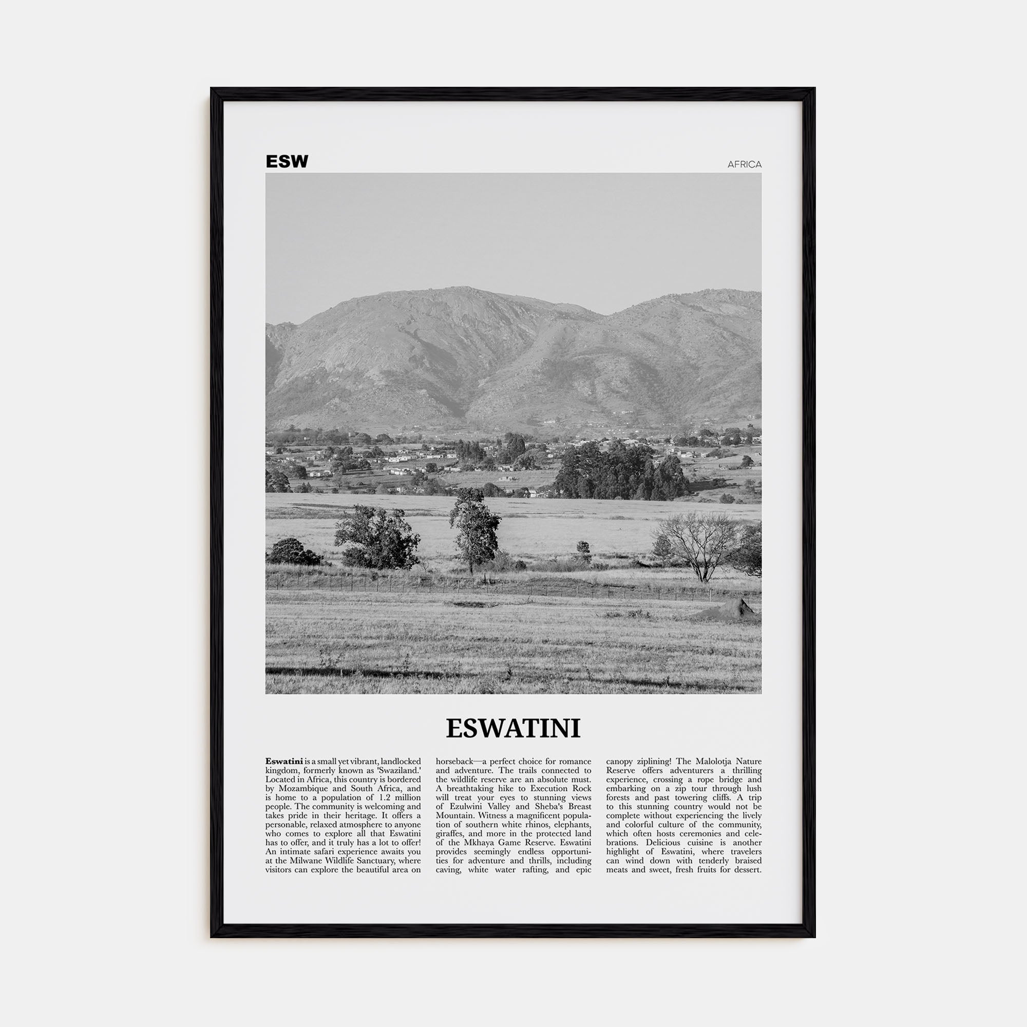Eswatini Travel B&W Poster