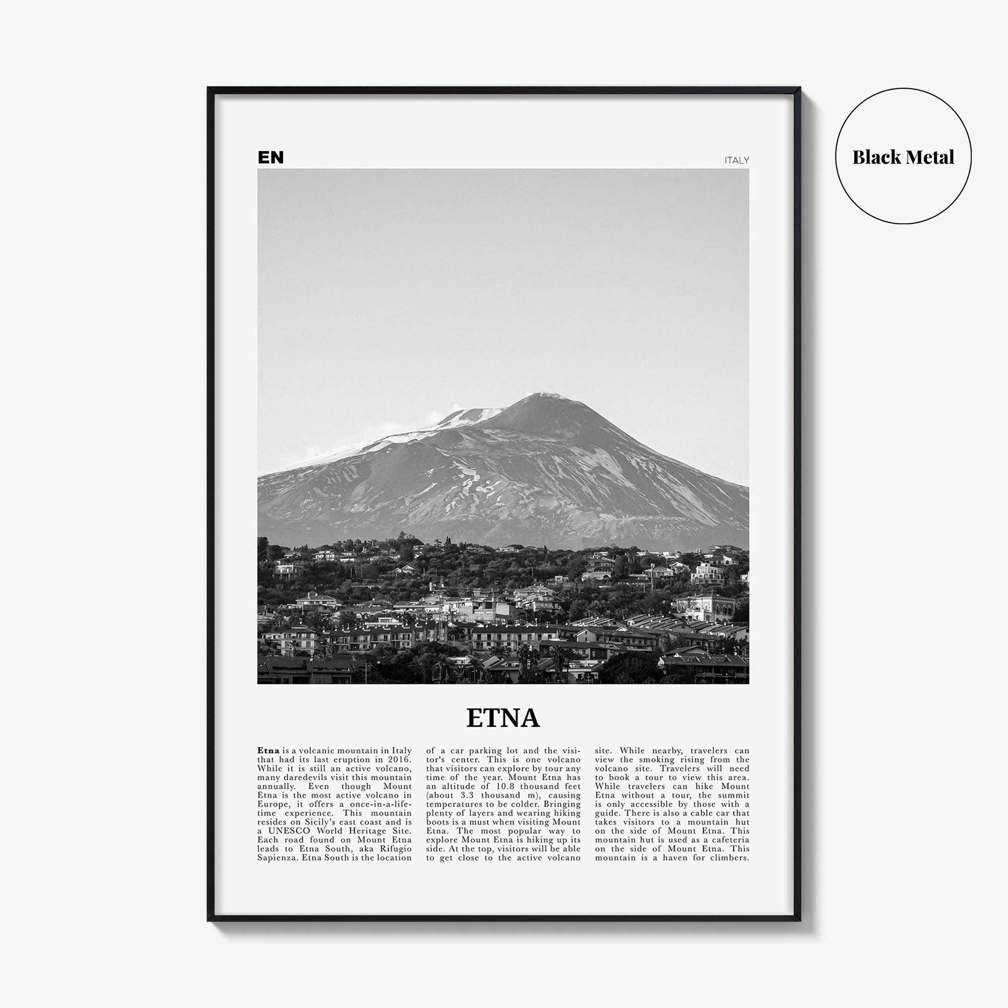 Etna Print Black and White, Etna Wall Art, Etna Poster, Etna Photo, Etna Wall Décor, Etna Map, Italy