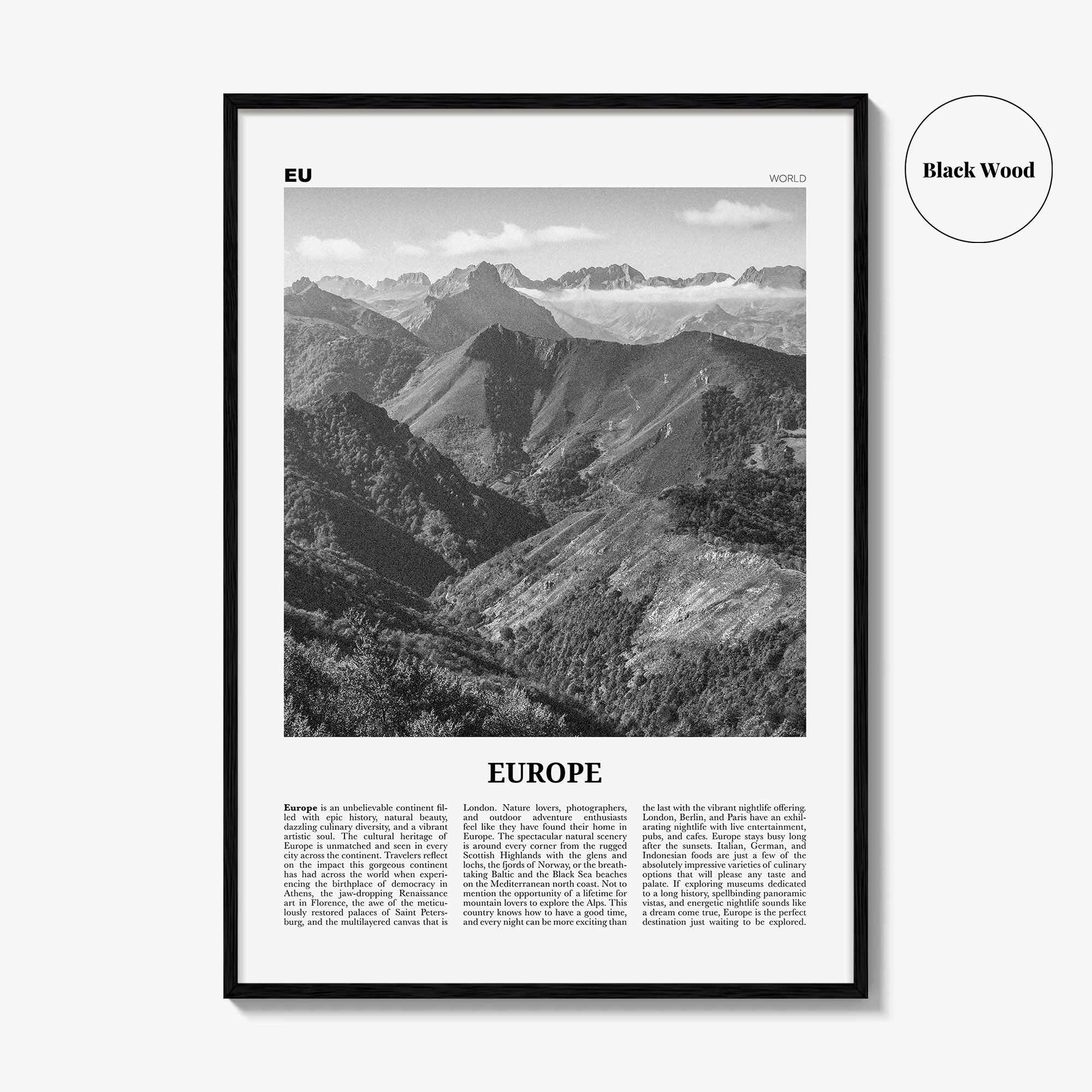 Europe Print Black and White, Europe Wall Art, Europe Poster, Europe Photo, Europe Wall Decor, Continent Art Print
