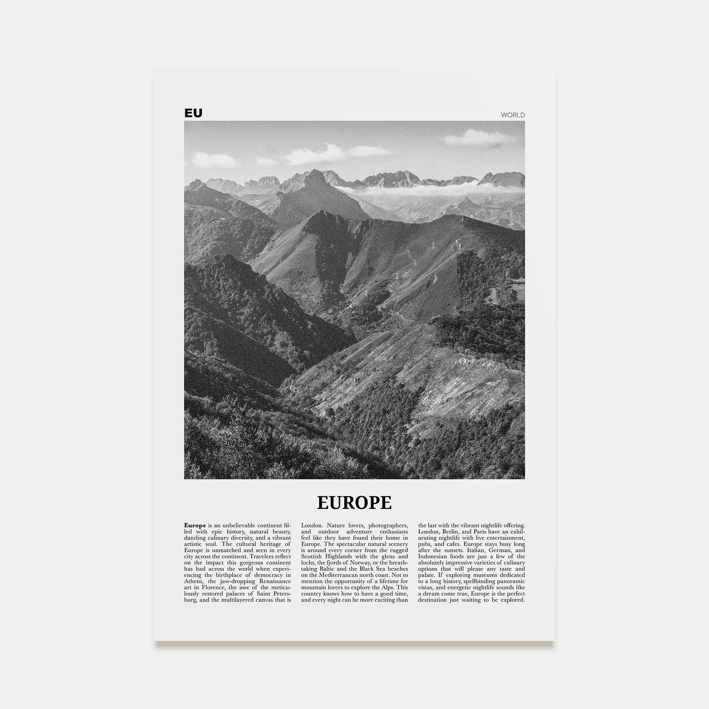 Europe Travel B&W Poster
