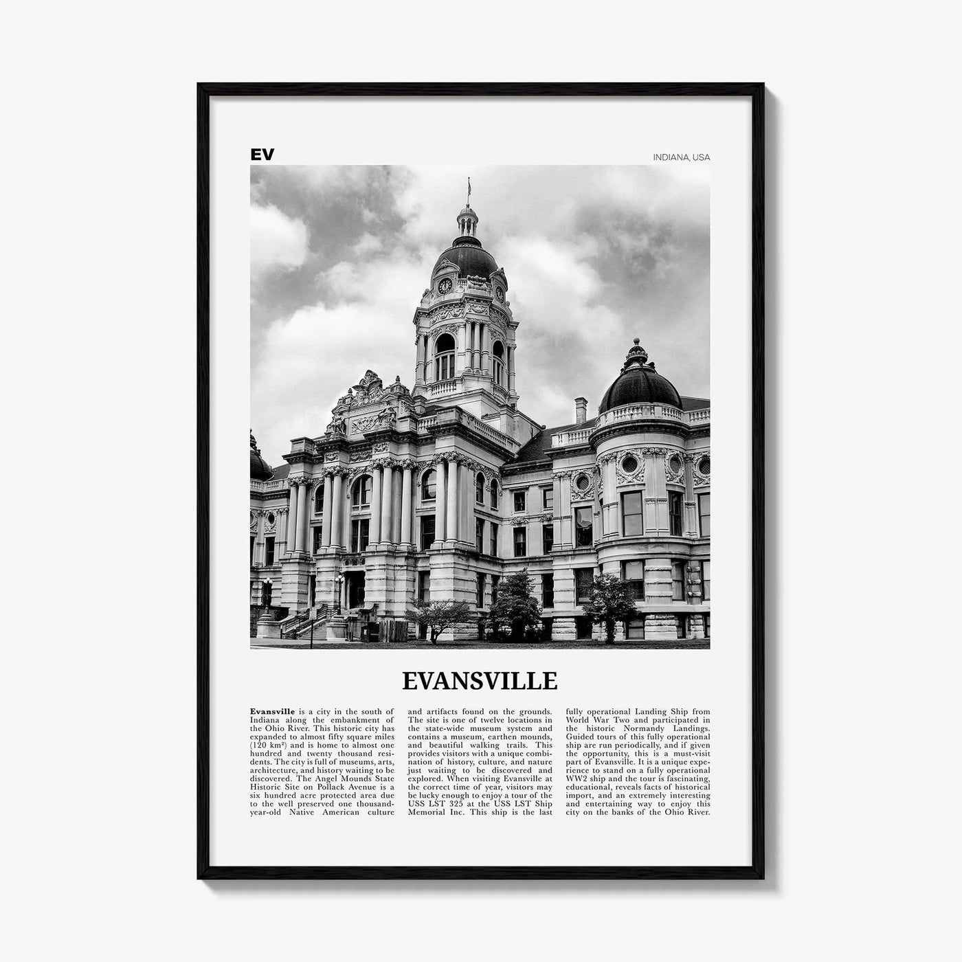 Evansville Print Black and White, Evansville Wall Art, Evansville Poster, Evansville Photo, Evansville Map, Indiana, USA, United States