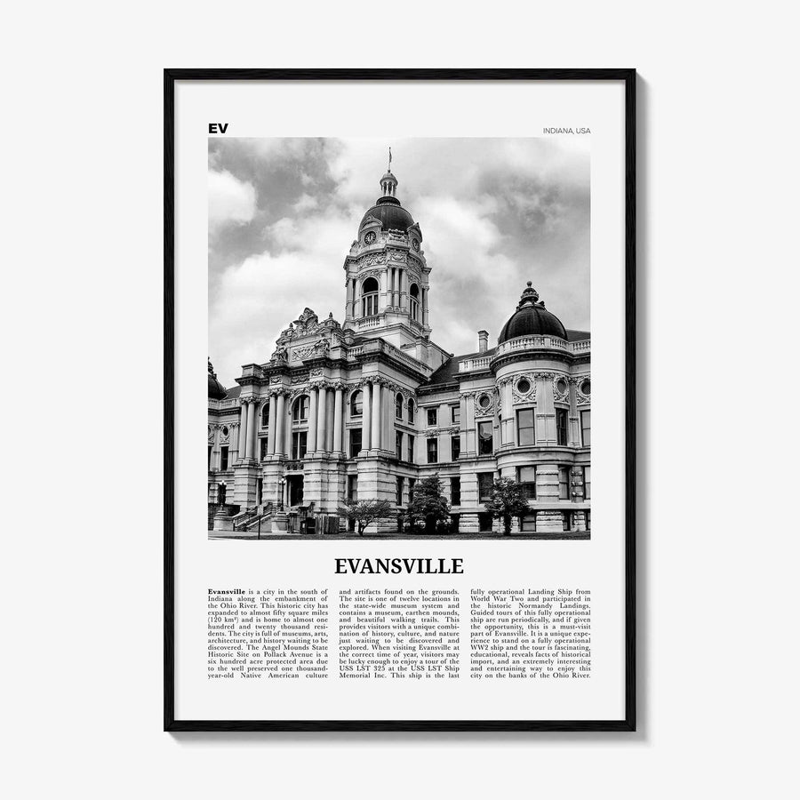 Evansville Print Black and White, Evansville Wall Art, Evansville Poster, Evansville Photo, Evansville Map, Indiana, USA, United States