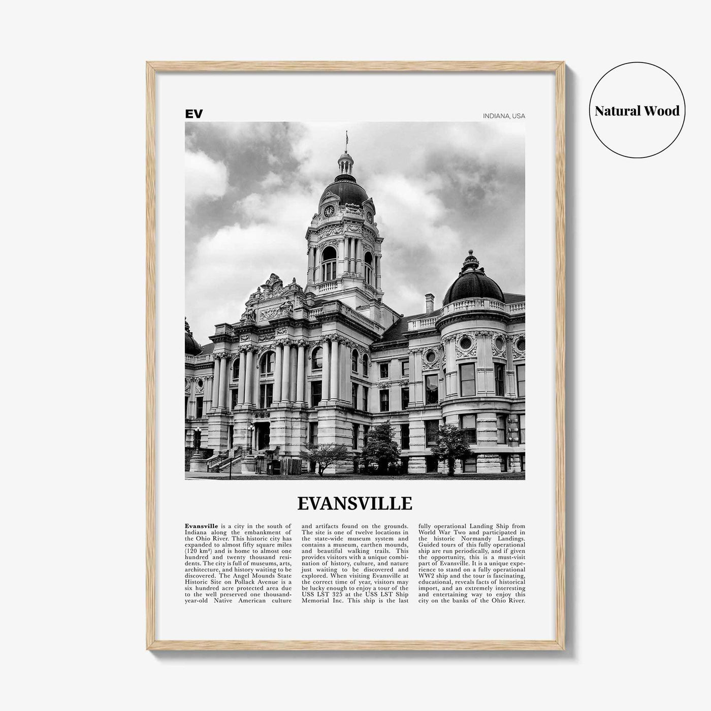 Evansville Print Black and White, Evansville Wall Art, Evansville Poster, Evansville Photo, Evansville Map, Indiana, USA, United States