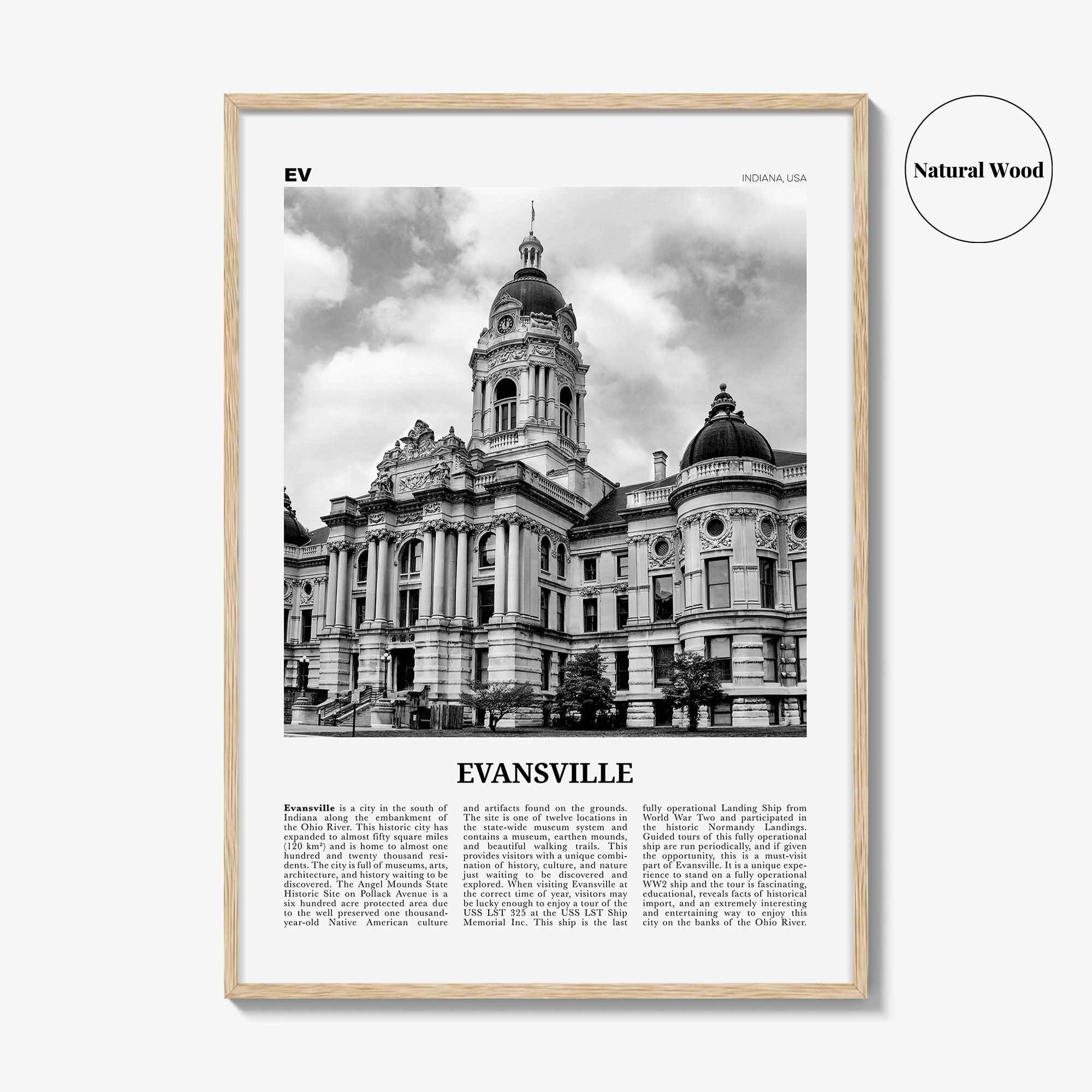 Evansville Print Black and White, Evansville Wall Art, Evansville Poster, Evansville Photo, Evansville Map, Indiana, USA, United States