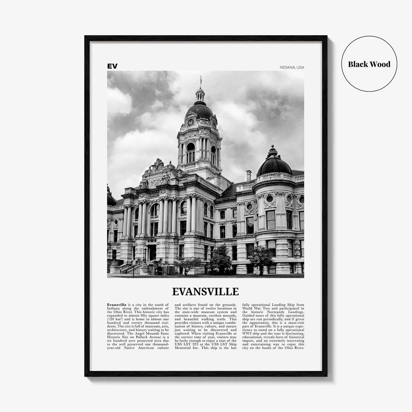 Evansville Print Black and White, Evansville Wall Art, Evansville Poster, Evansville Photo, Evansville Map, Indiana, USA, United States