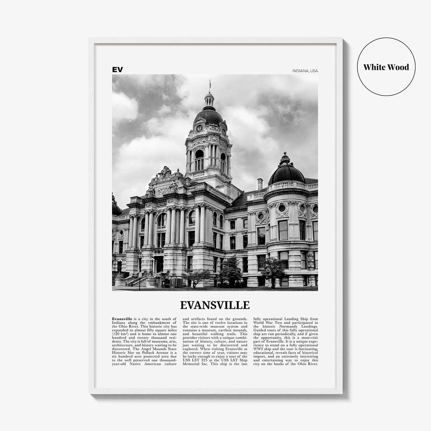 Evansville Print Black and White, Evansville Wall Art, Evansville Poster, Evansville Photo, Evansville Map, Indiana, USA, United States