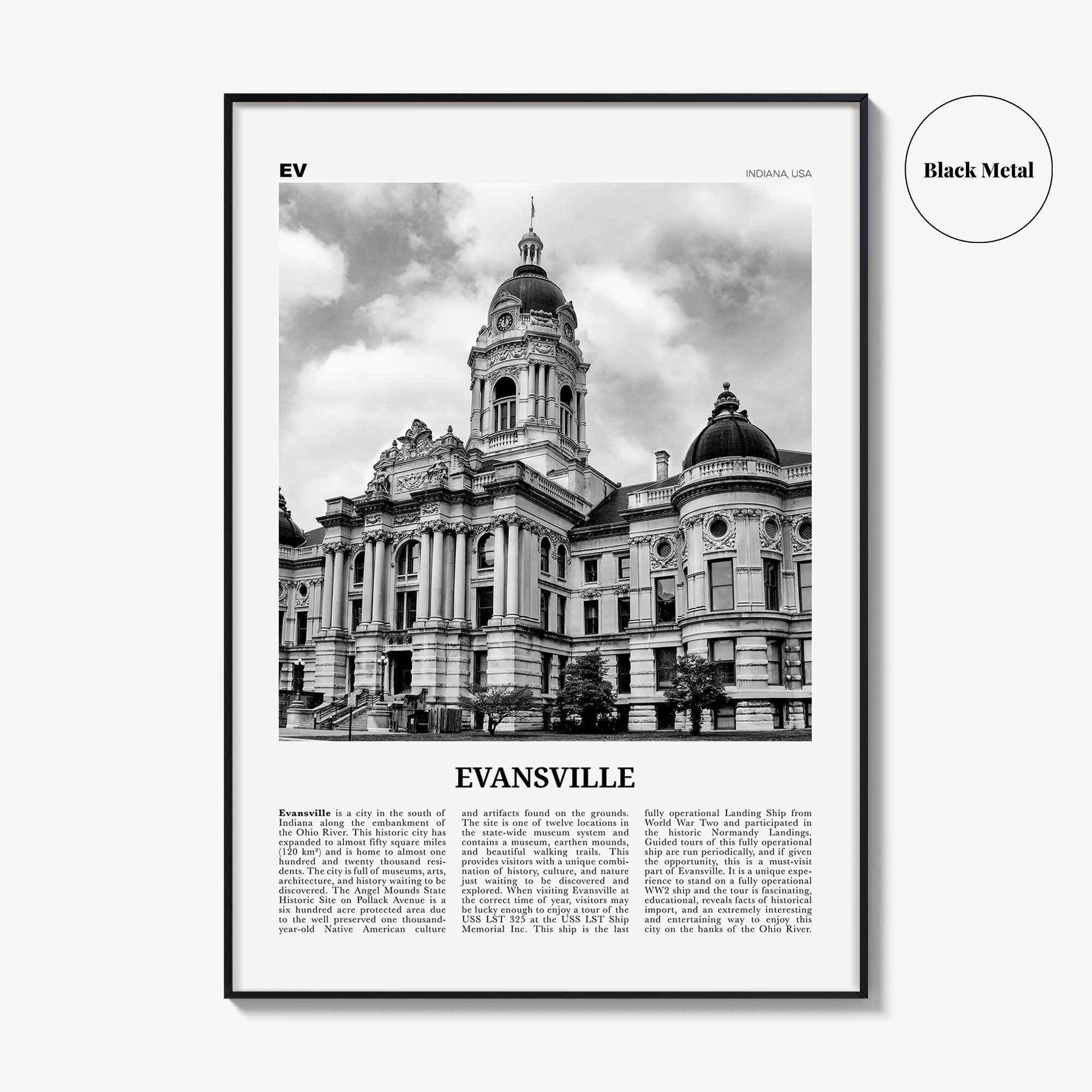 Evansville Print Black and White, Evansville Wall Art, Evansville Poster, Evansville Photo, Evansville Map, Indiana, USA, United States