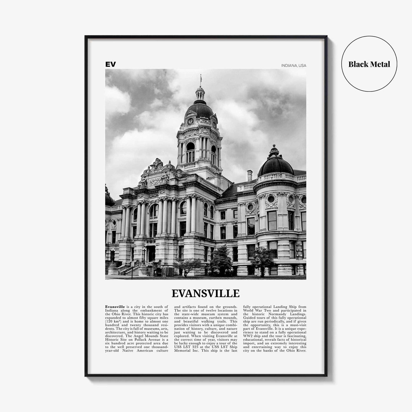 Evansville Print Black and White, Evansville Wall Art, Evansville Poster, Evansville Photo, Evansville Map, Indiana, USA, United States