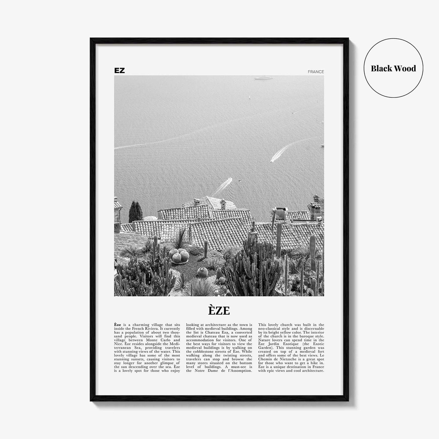 Eze Print Black and White, Èze Wall Art, Èze Poster, Èze Photo, Èze Wall Décor, Èze Map, France