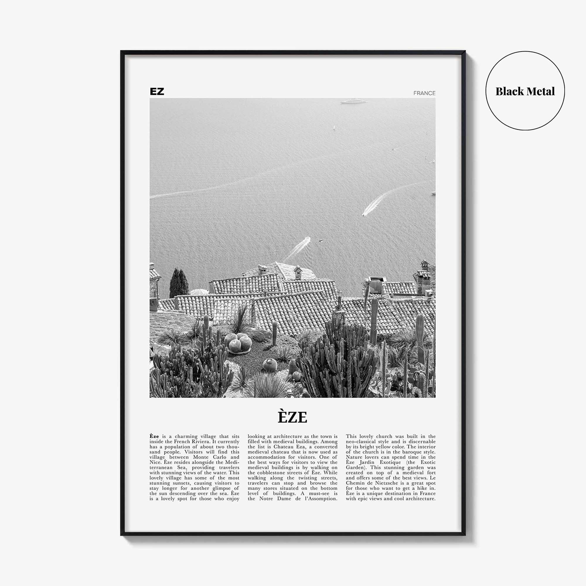 Eze Print Black and White, Èze Wall Art, Èze Poster, Èze Photo, Èze Wall Décor, Èze Map, France