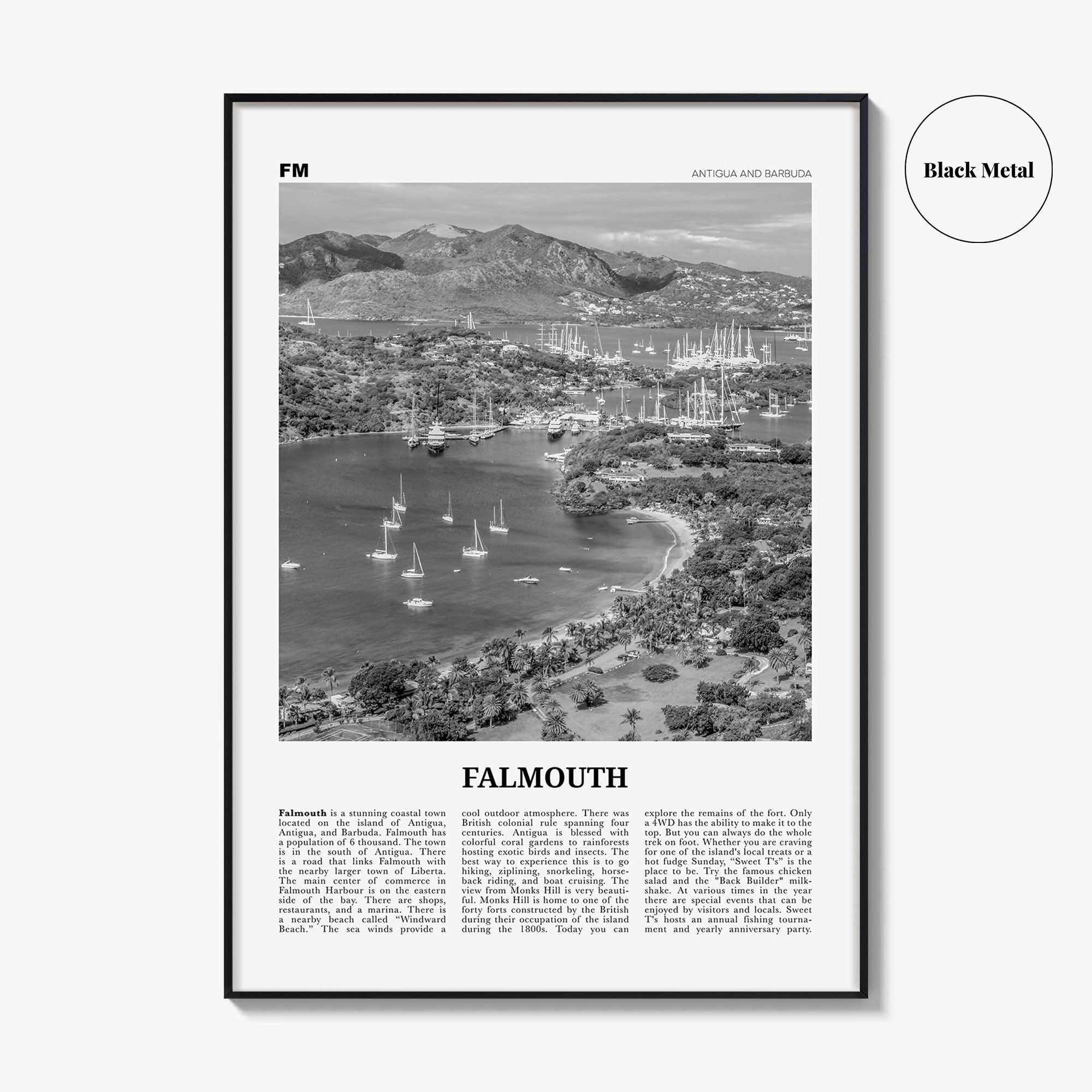 Falmouth Print Black and White Antigua and Barbuda, Falmouth Wall Art, Falmouth Poster, Falmouth Photo, Falmouth Map, Falmouth Wall Decor