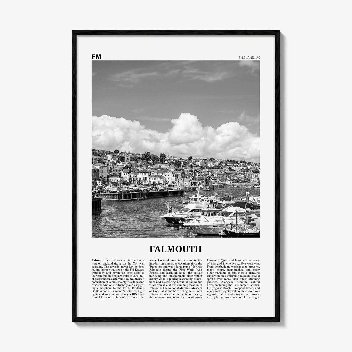 Falmouth Print Black and White England, Falmouth Wall Art, Falmouth Poster, Falmouth Photo, Falmouth Map, Falmouth Wall Decor, UK
