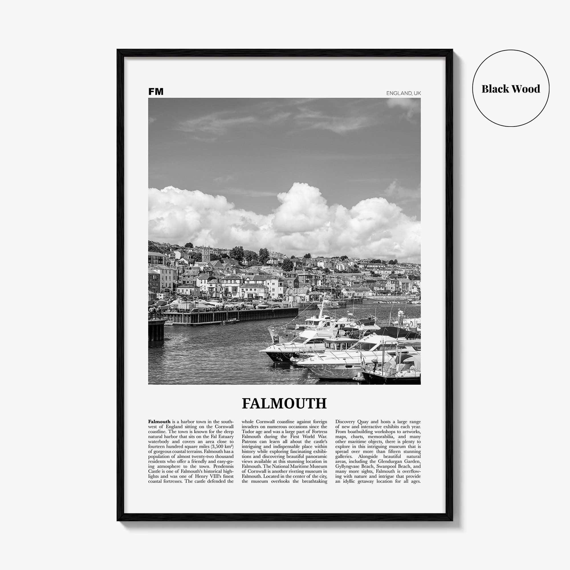 Falmouth Print Black and White England, Falmouth Wall Art, Falmouth Poster, Falmouth Photo, Falmouth Map, Falmouth Wall Decor, UK