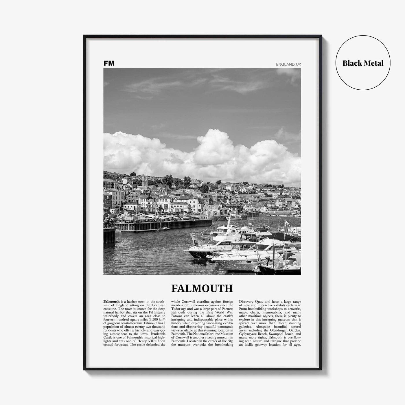 Falmouth Print Black and White England, Falmouth Wall Art, Falmouth Poster, Falmouth Photo, Falmouth Map, Falmouth Wall Decor, UK