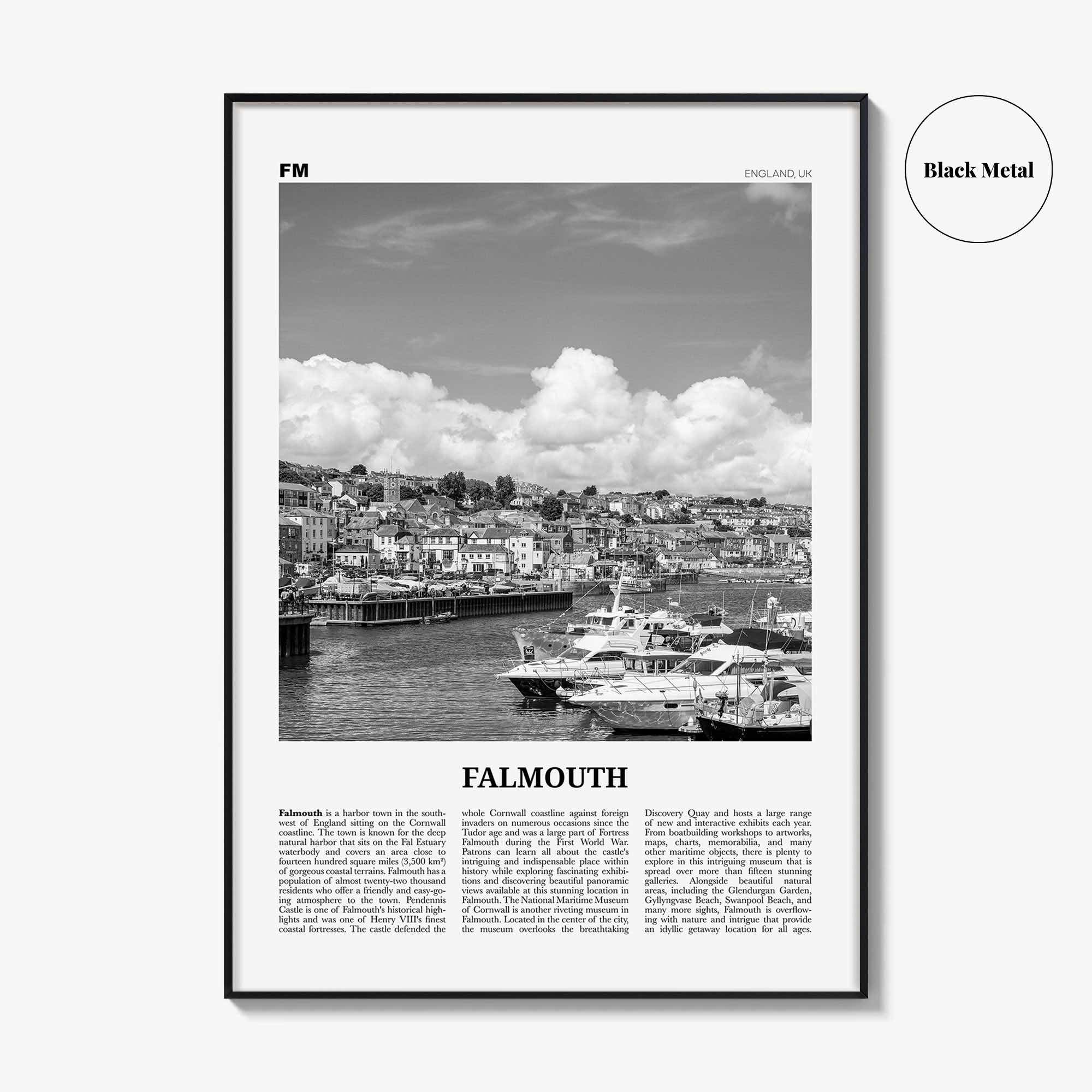 Falmouth Print Black and White England, Falmouth Wall Art, Falmouth Poster, Falmouth Photo, Falmouth Map, Falmouth Wall Decor, UK