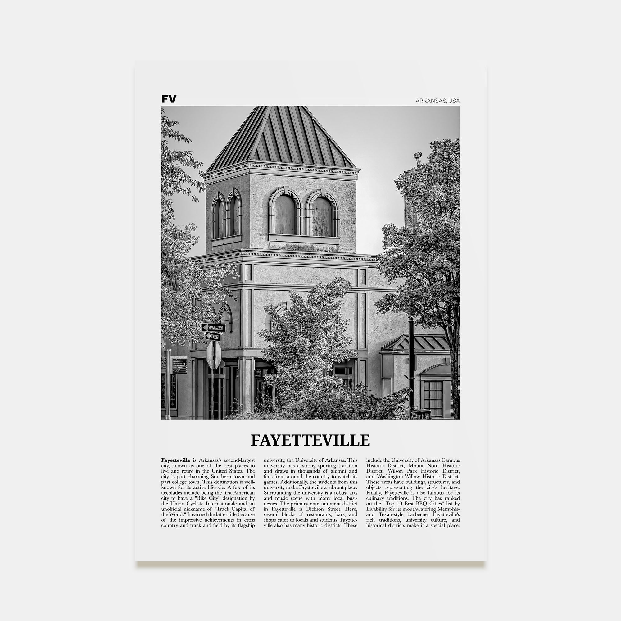 Fayetteville, Arkansas Travel B&W Poster