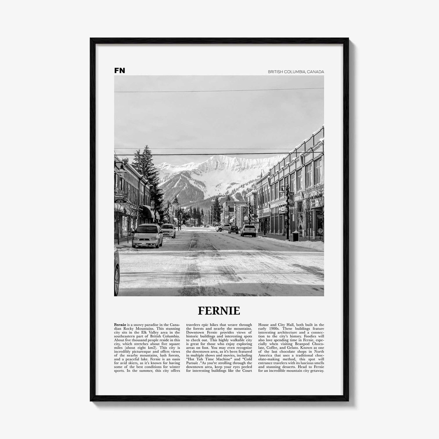 Fernie Print Black and White, Fernie Wall Art, Fernie Poster, Fernie Photo, Fernie Wall Décor, Fernie Map, British Columbia, Canada