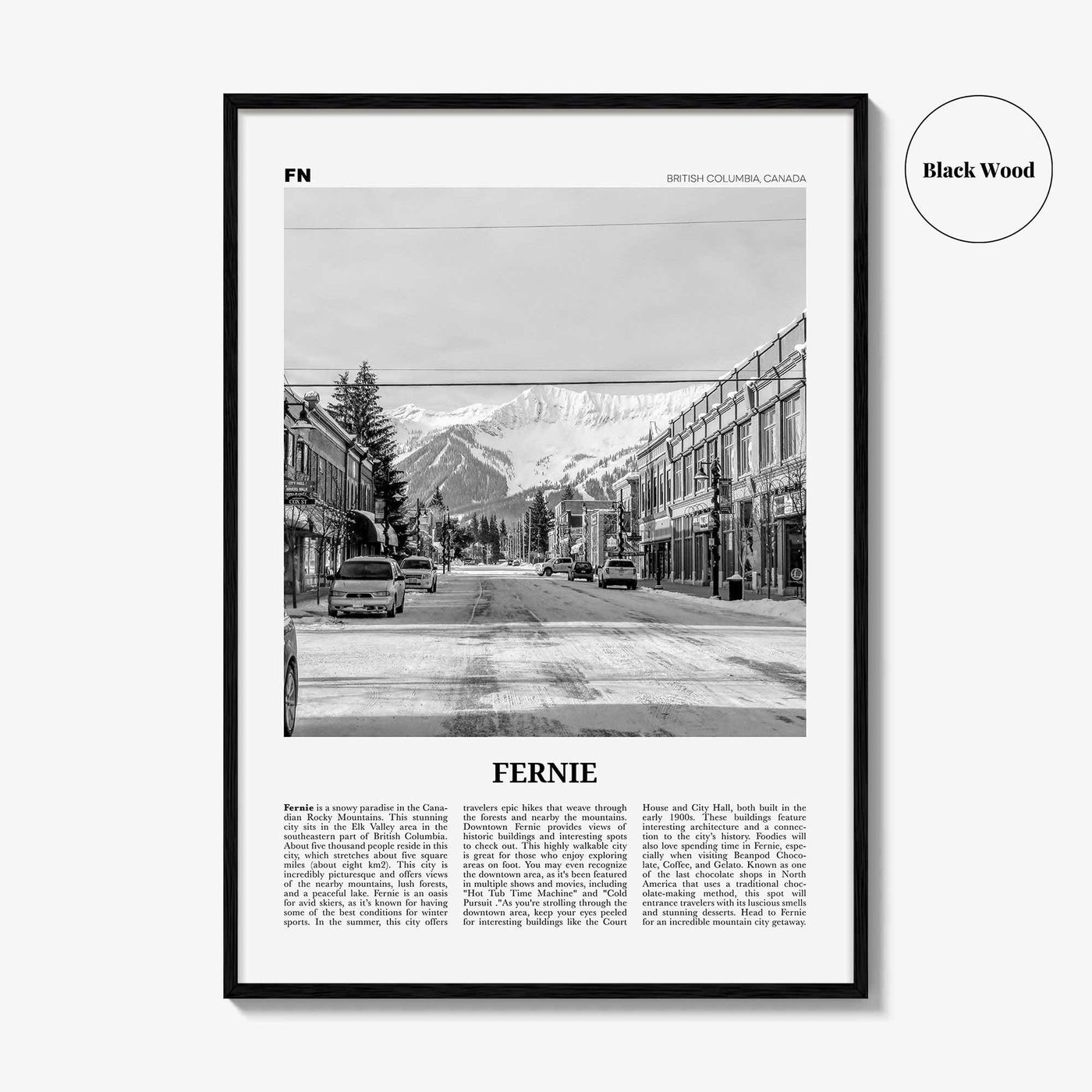 Fernie Print Black and White, Fernie Wall Art, Fernie Poster, Fernie Photo, Fernie Wall Décor, Fernie Map, British Columbia, Canada