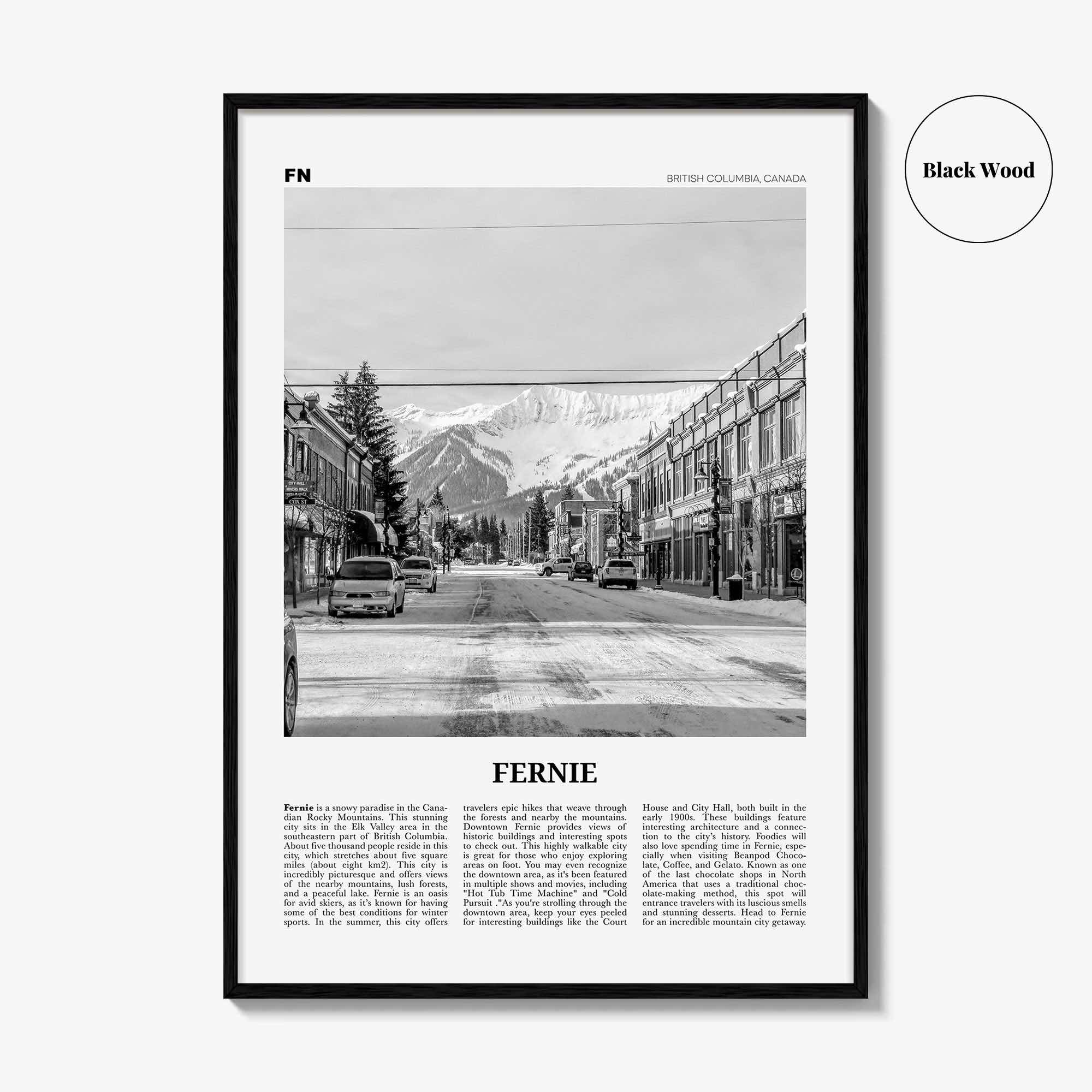 Fernie Print Black and White, Fernie Wall Art, Fernie Poster, Fernie Photo, Fernie Wall Décor, Fernie Map, British Columbia, Canada