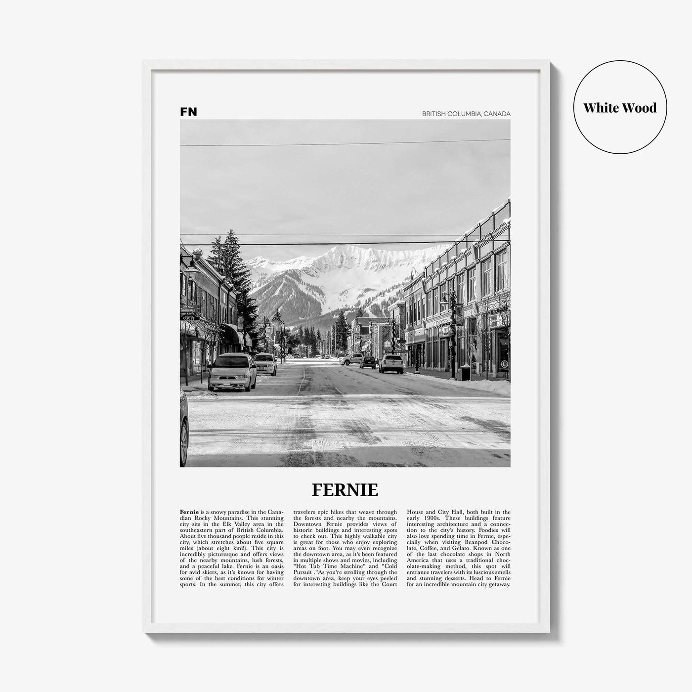 Fernie Print Black and White, Fernie Wall Art, Fernie Poster, Fernie Photo, Fernie Wall Décor, Fernie Map, British Columbia, Canada