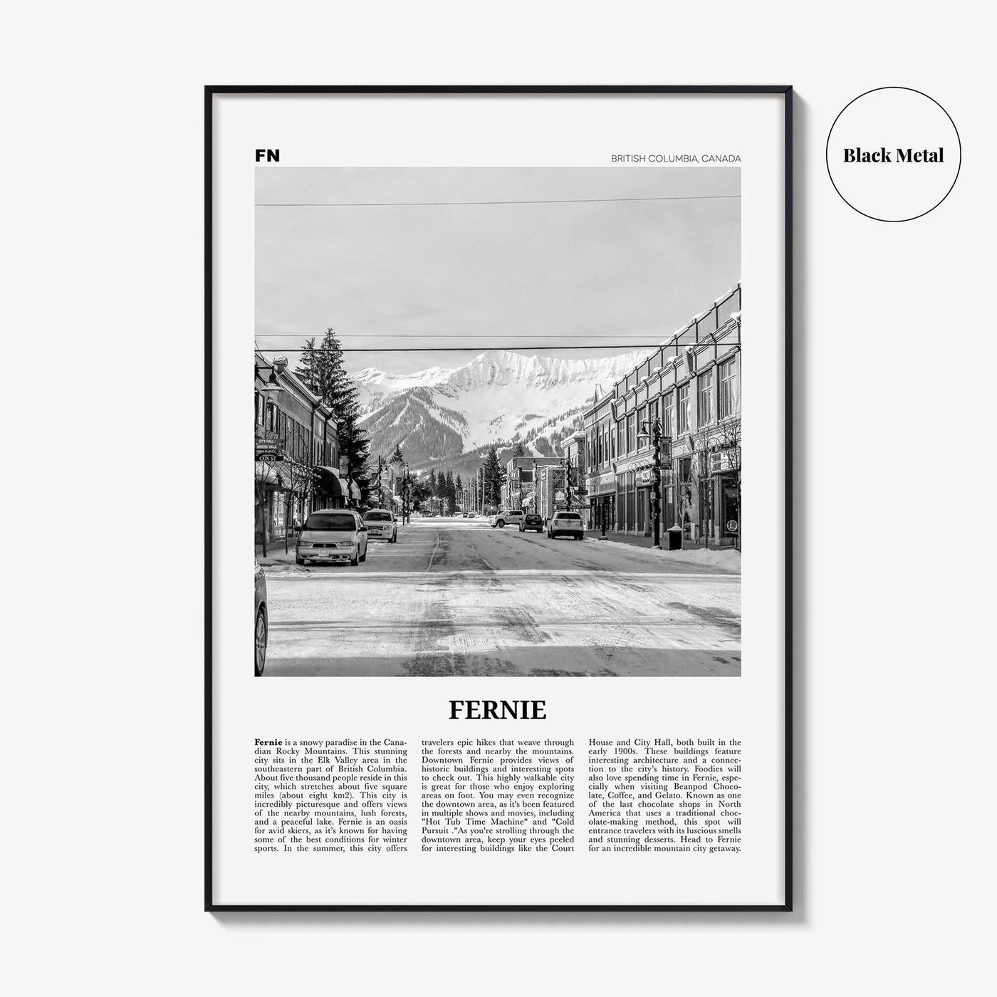 Fernie Print Black and White, Fernie Wall Art, Fernie Poster, Fernie Photo, Fernie Wall Décor, Fernie Map, British Columbia, Canada