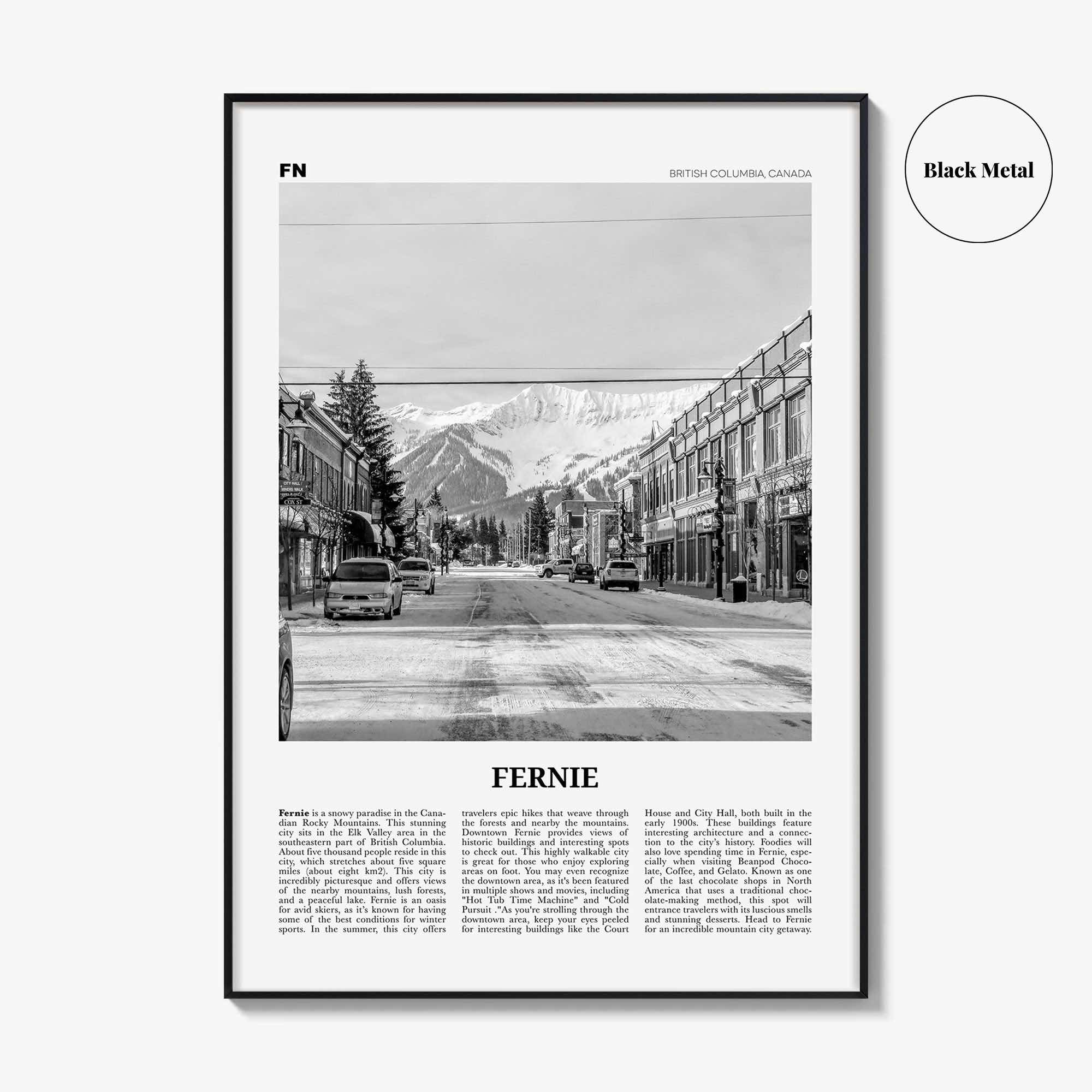 Fernie Print Black and White, Fernie Wall Art, Fernie Poster, Fernie Photo, Fernie Wall Décor, Fernie Map, British Columbia, Canada
