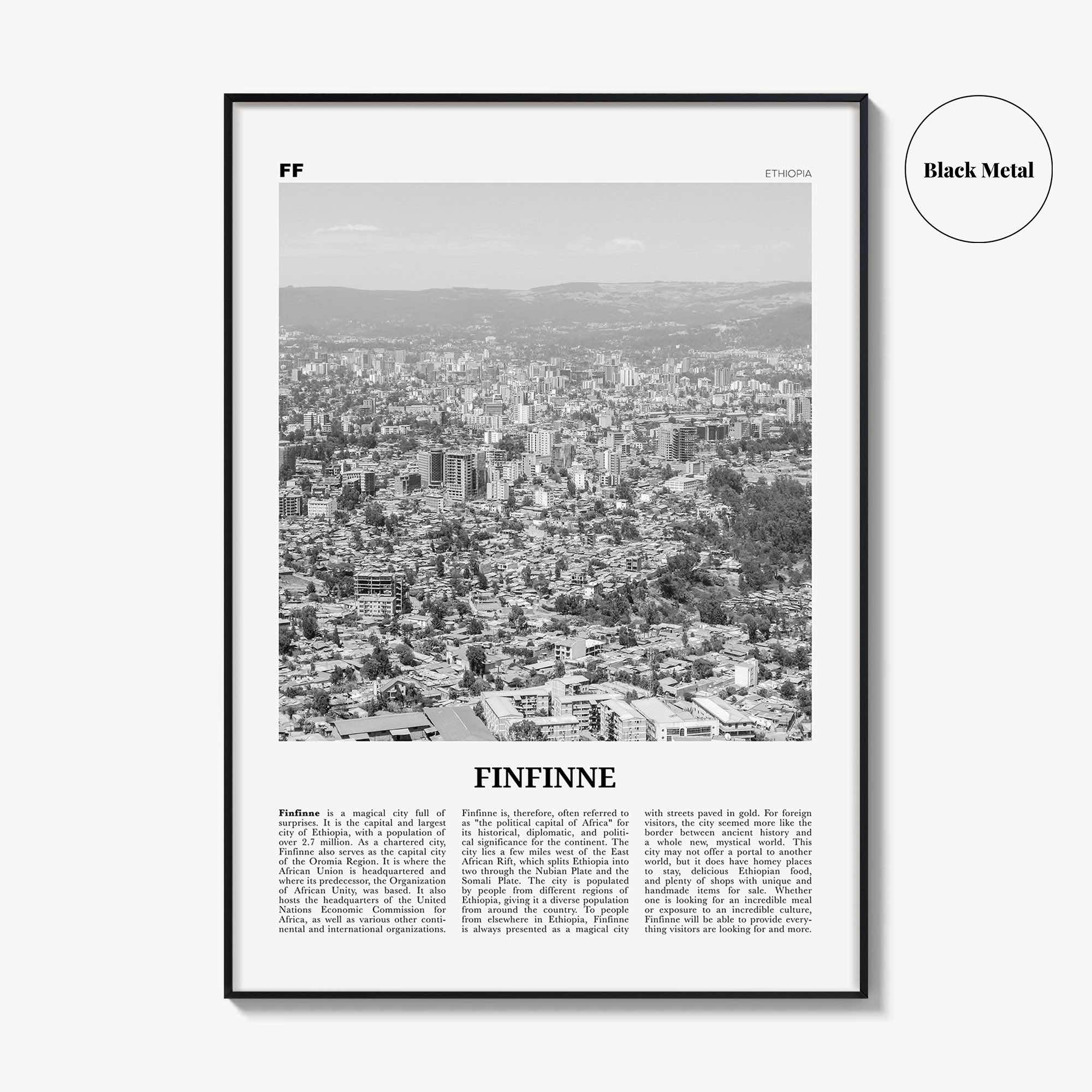 Finfinne Print Black and White, Finfinne Wall Art, Finfinne Poster, Finfinne Photo, Finfinne Wall Décor, Finfinne Map, Addis Ababa, Ethiopia