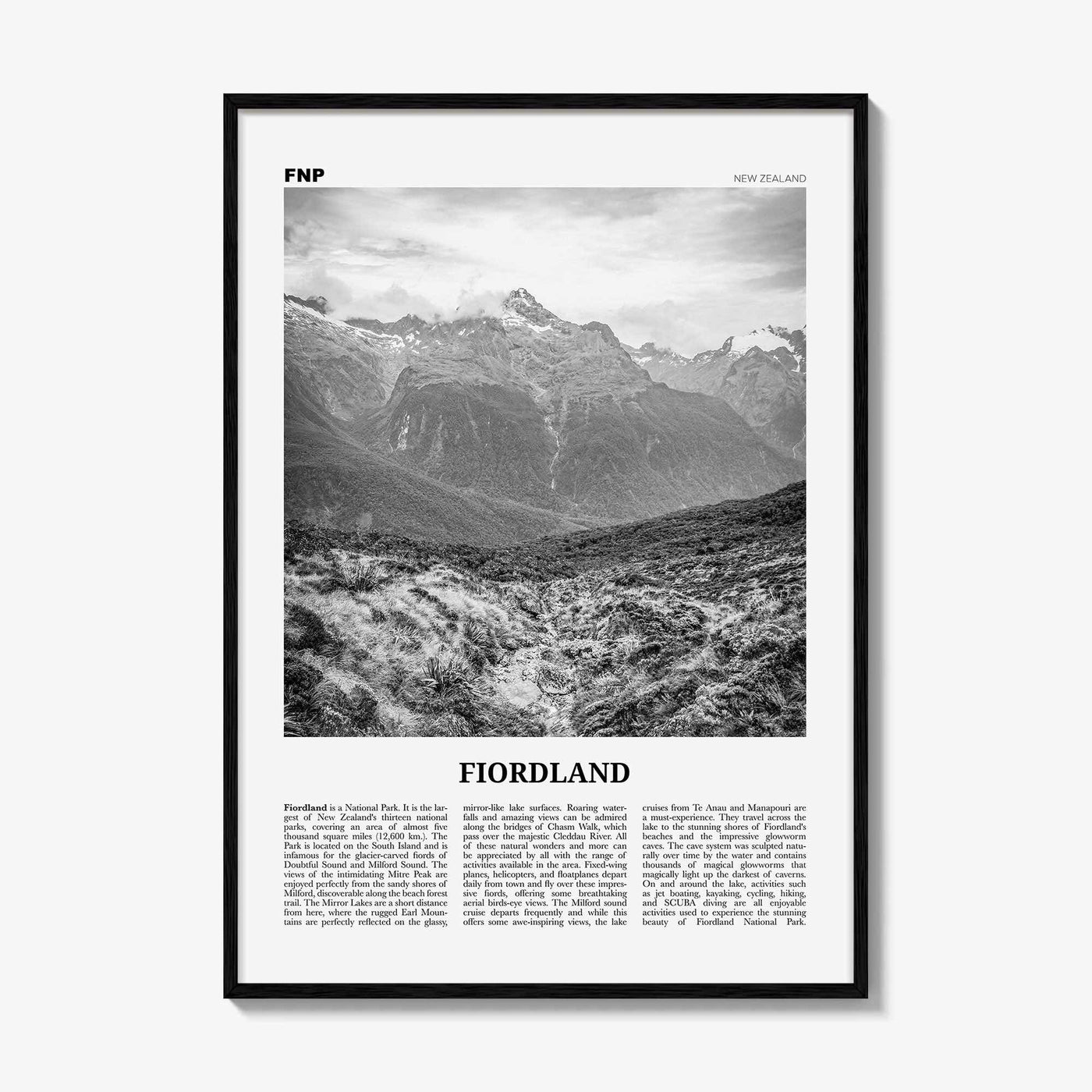 Fiordland National Park Print Black and White, Fiordland Wall Art, Fiordland Poster, Fiordland Photo, Fiordland Map, New Zealand