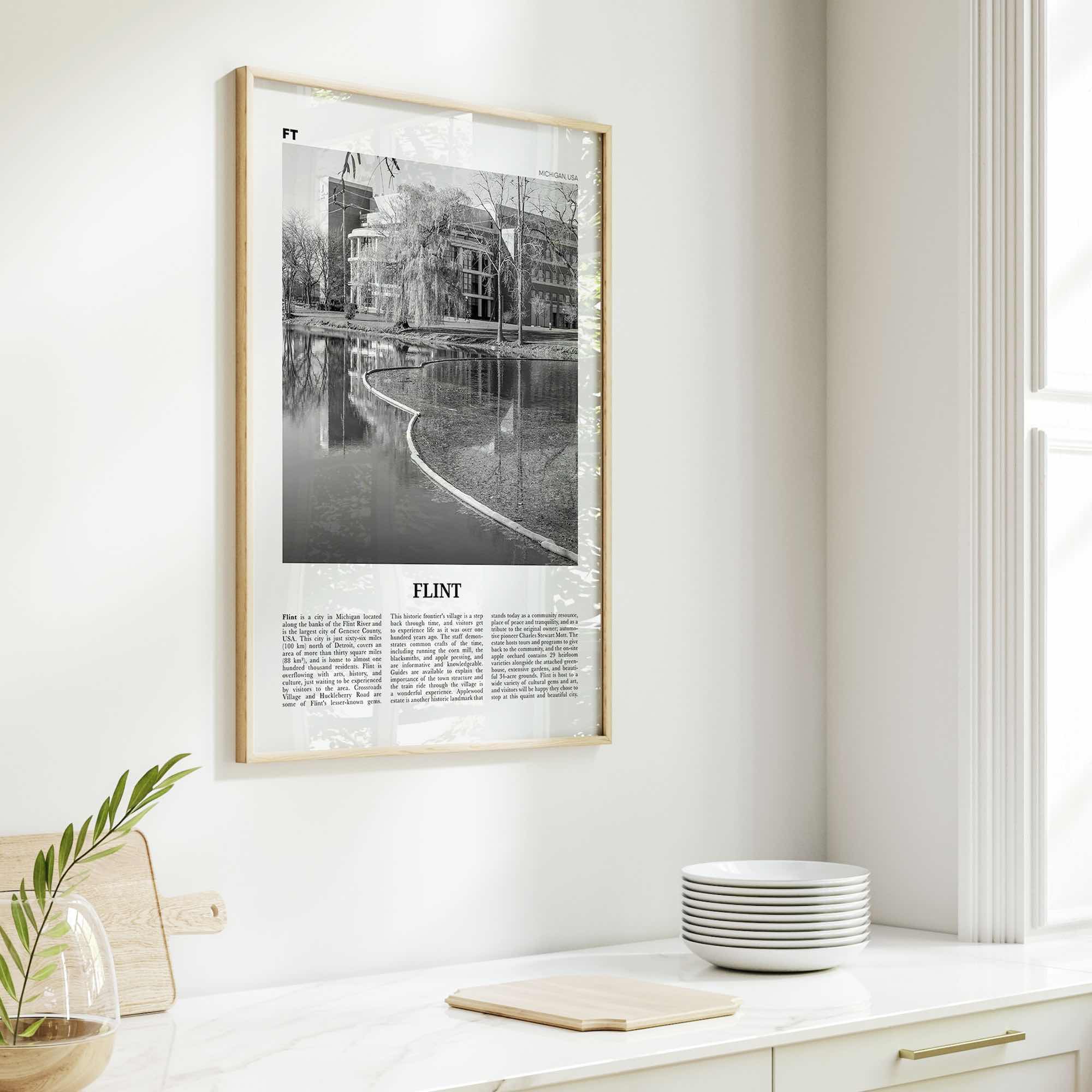 Flint Print Black and White, Flint Wall Art, Flint Poster, Flint Photo, Flint Map, Michigan, USA, United States