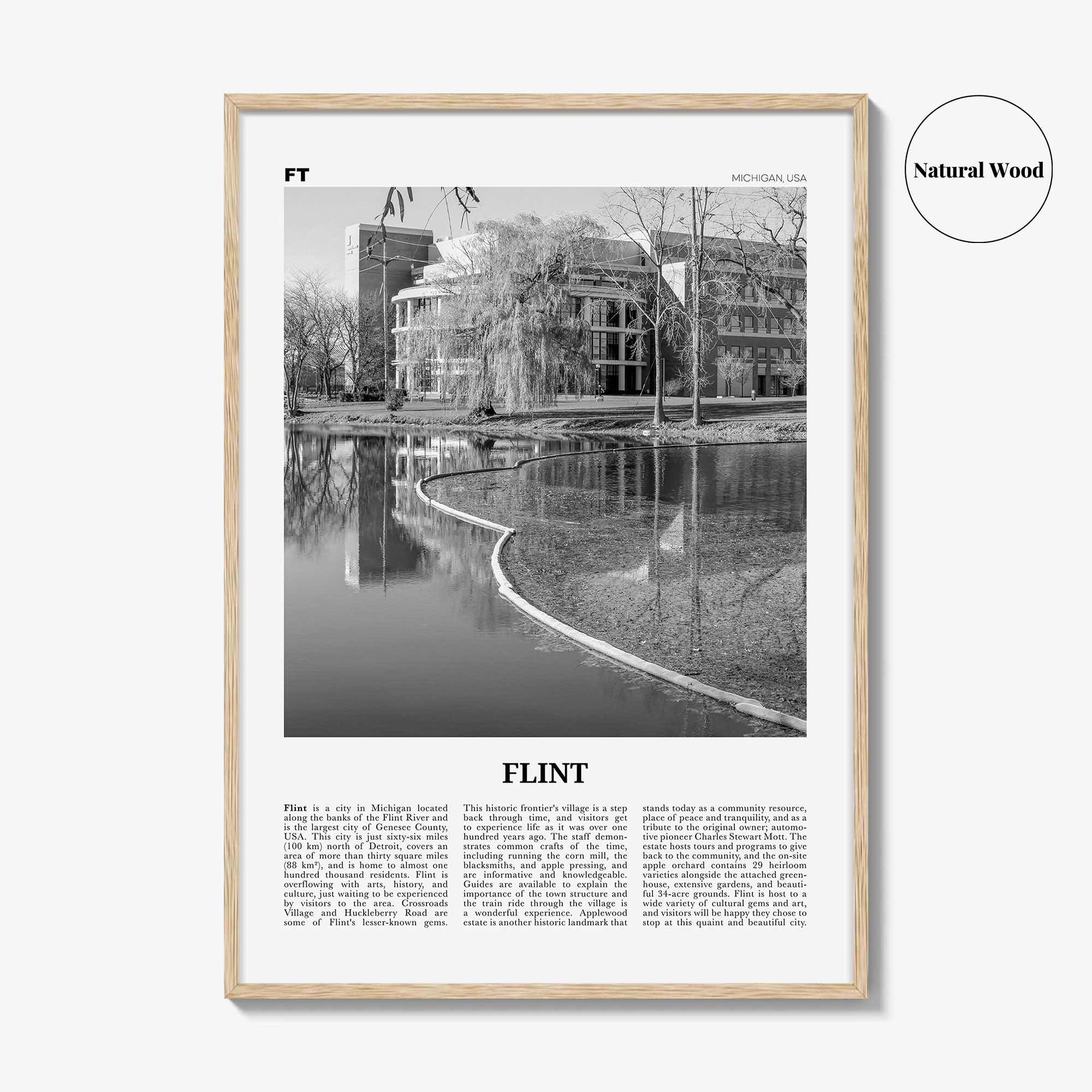 Flint Print Black and White, Flint Wall Art, Flint Poster, Flint Photo, Flint Map, Michigan, USA, United States