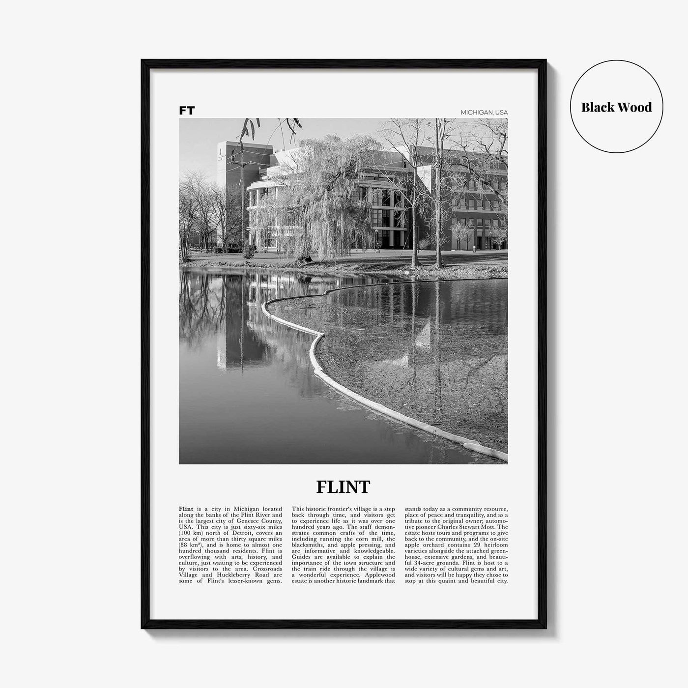 Flint Print Black and White, Flint Wall Art, Flint Poster, Flint Photo, Flint Map, Michigan, USA, United States