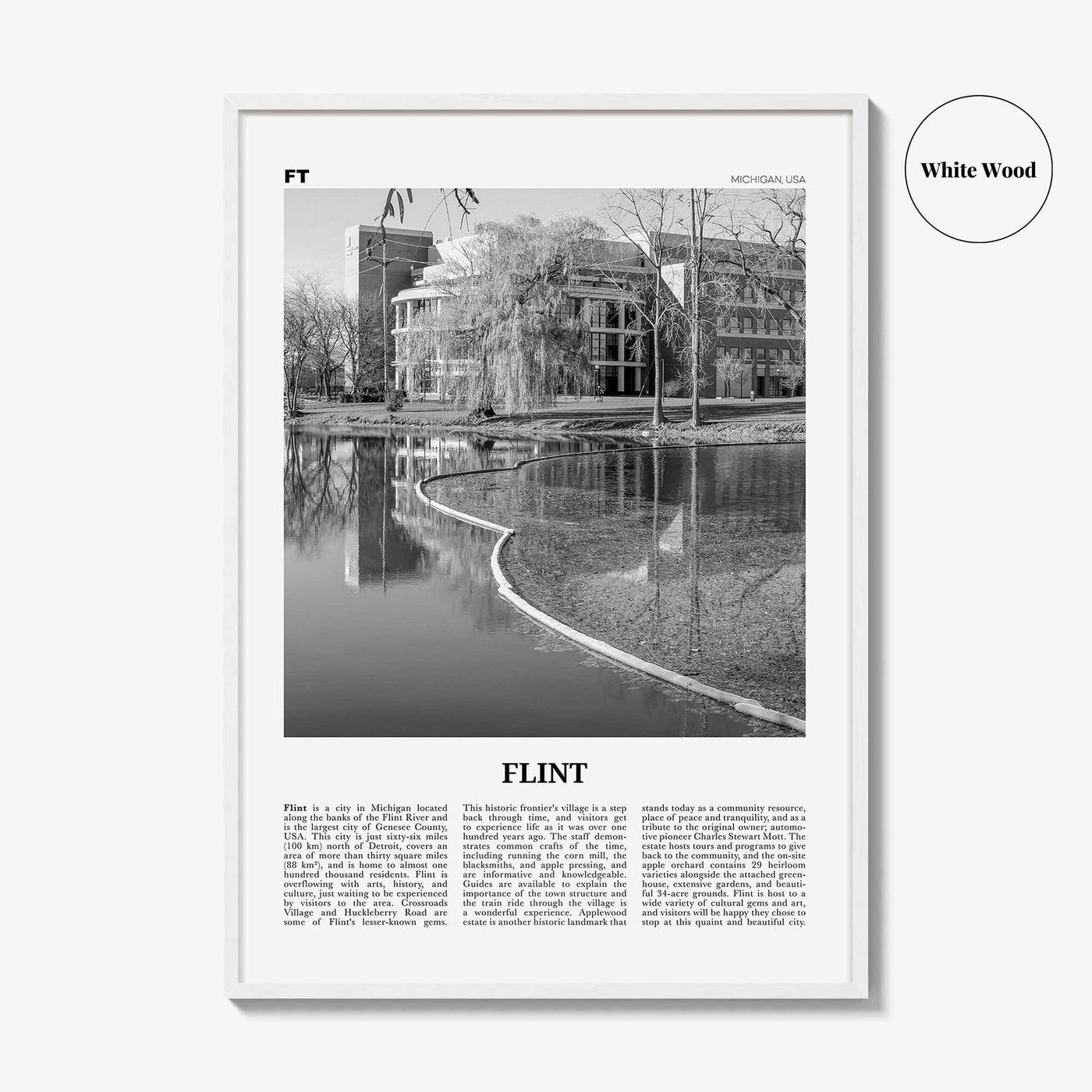 Flint Print Black and White, Flint Wall Art, Flint Poster, Flint Photo, Flint Map, Michigan, USA, United States
