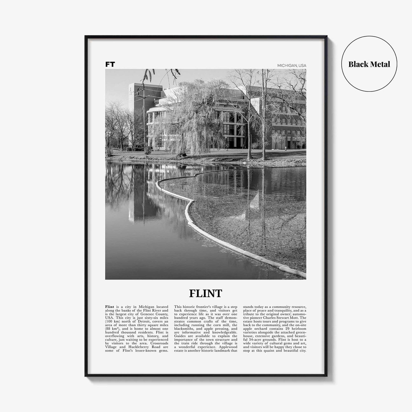 Flint Print Black and White, Flint Wall Art, Flint Poster, Flint Photo, Flint Map, Michigan, USA, United States