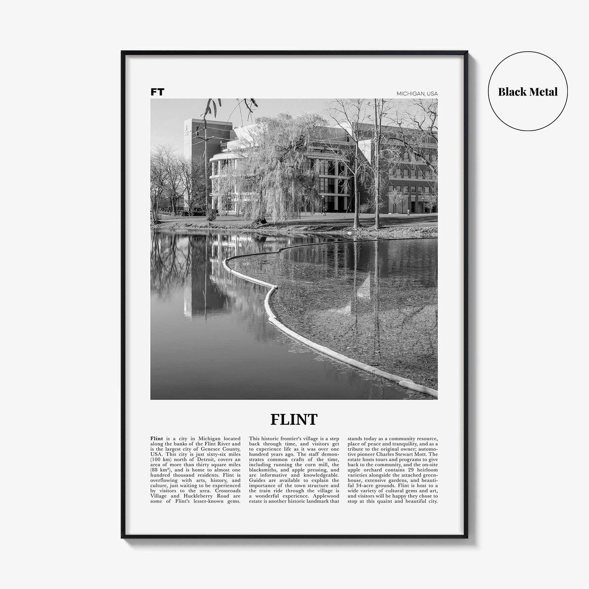 Flint Print Black and White, Flint Wall Art, Flint Poster, Flint Photo, Flint Map, Michigan, USA, United States