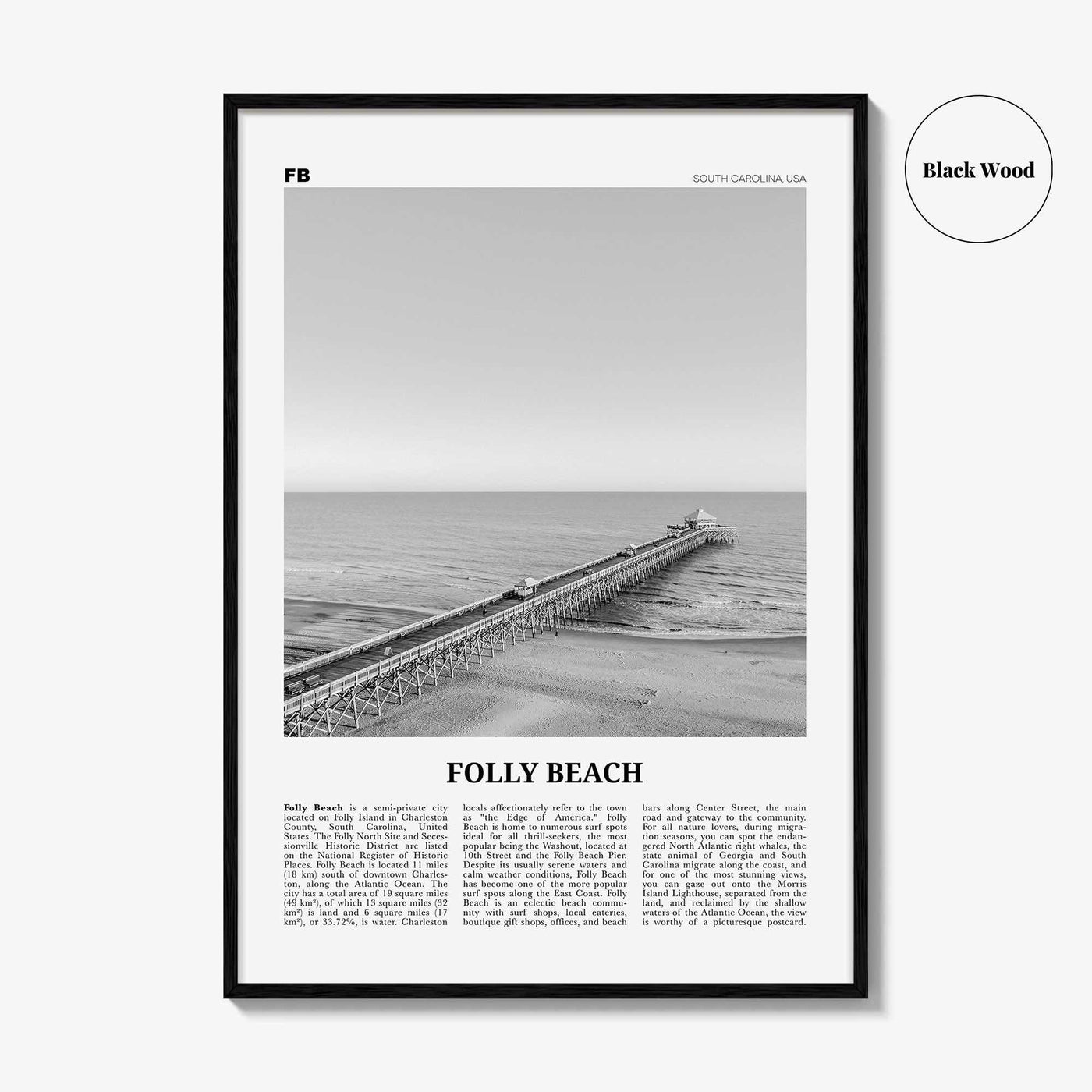 Folly Beach Print Black and White, Folly Beach Wall Art, Folly Beach Poster, Folly Beach Photo, Folly Beach Wall Décor, South Carolina, USA