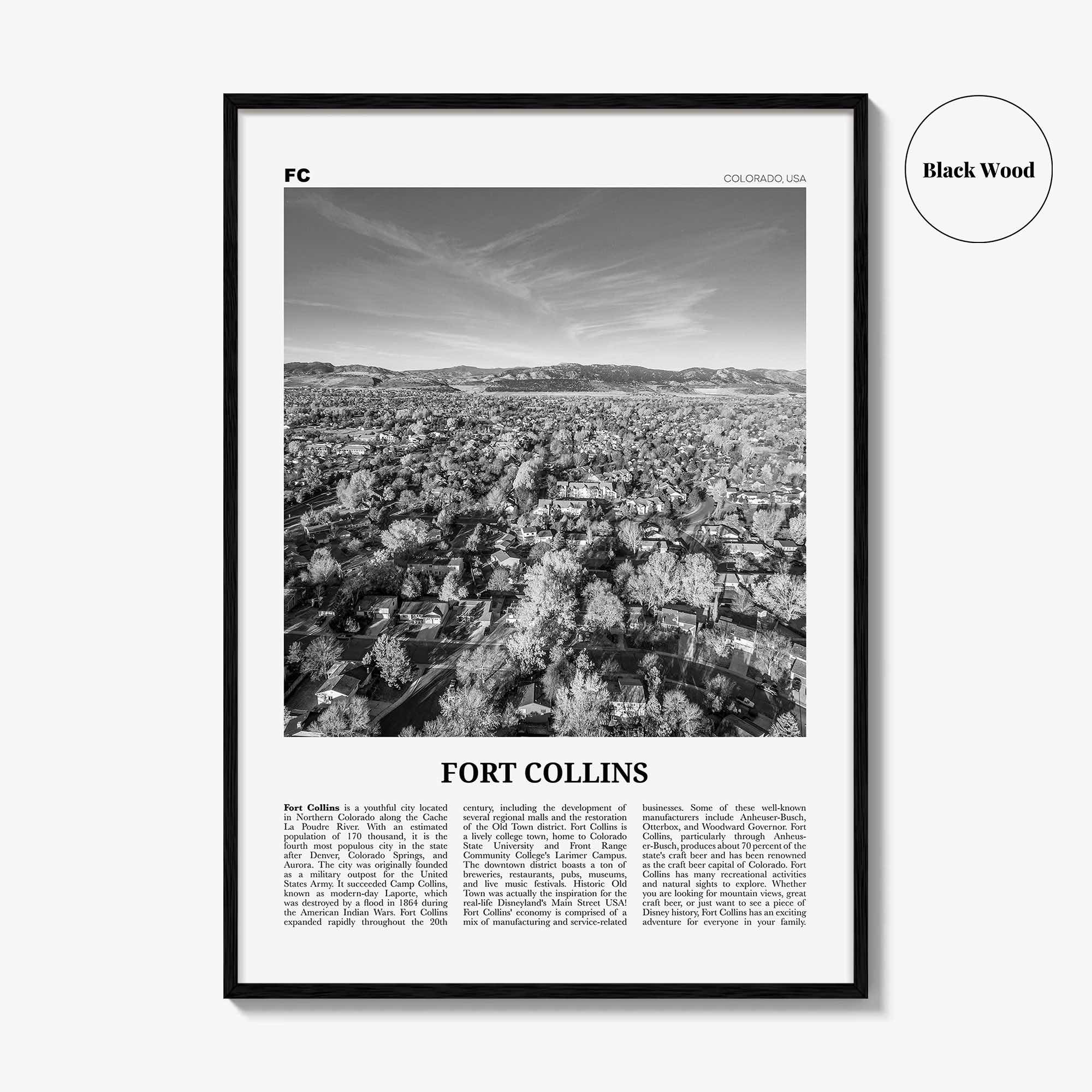 Fort Collins Print Black and White, Fort Collins Wall Art, Fort Collins Poster, Fort Collins Photo, Fort Collins Décor, Colorado, USA