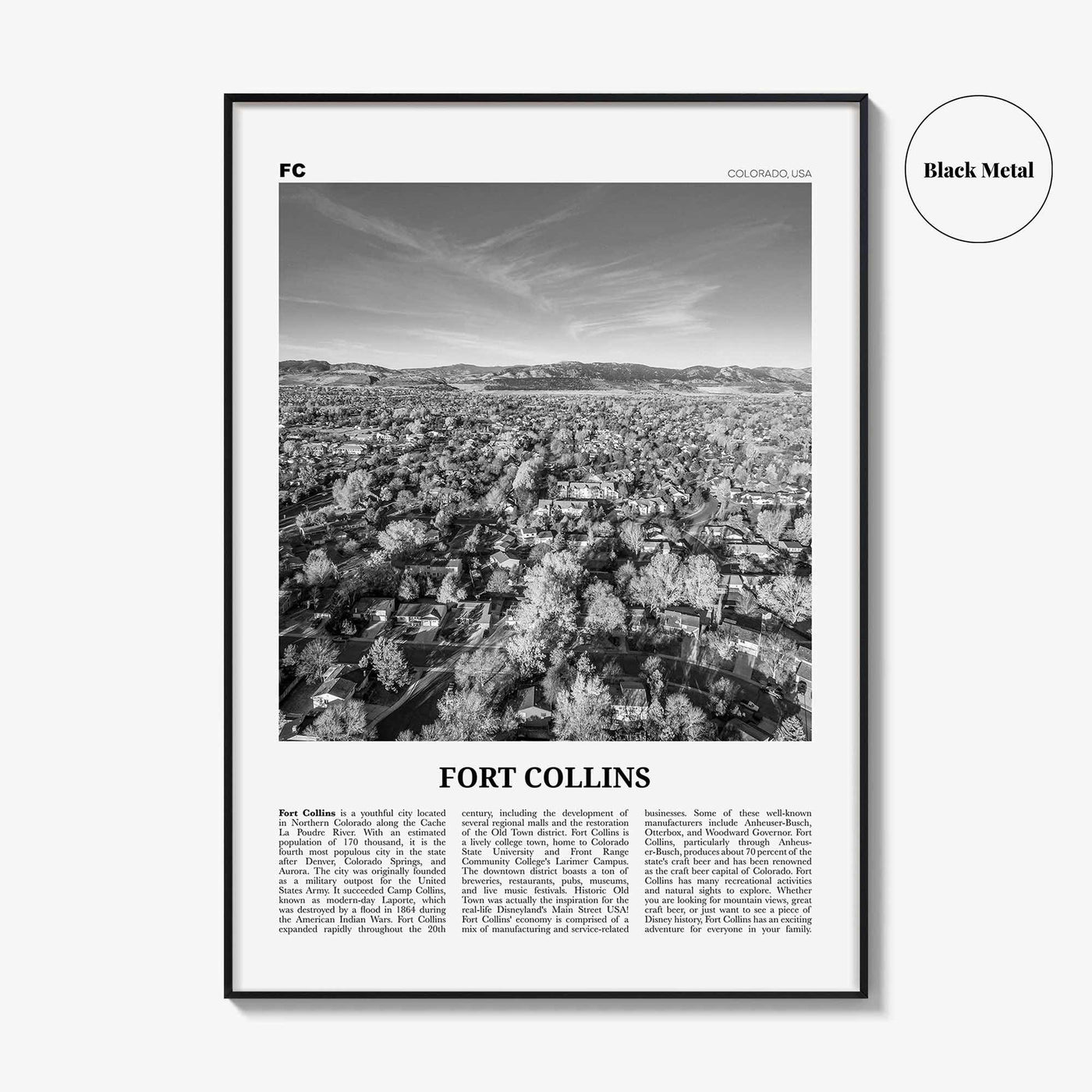 Fort Collins Print Black and White, Fort Collins Wall Art, Fort Collins Poster, Fort Collins Photo, Fort Collins Décor, Colorado, USA
